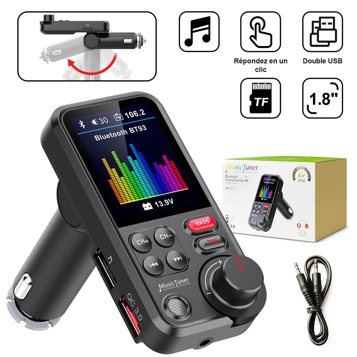 7Magic »Bluetooth FM Transmitter Auto« Audio-Adapter, Unterstützt AUX- Anschluss & USB-Stick
