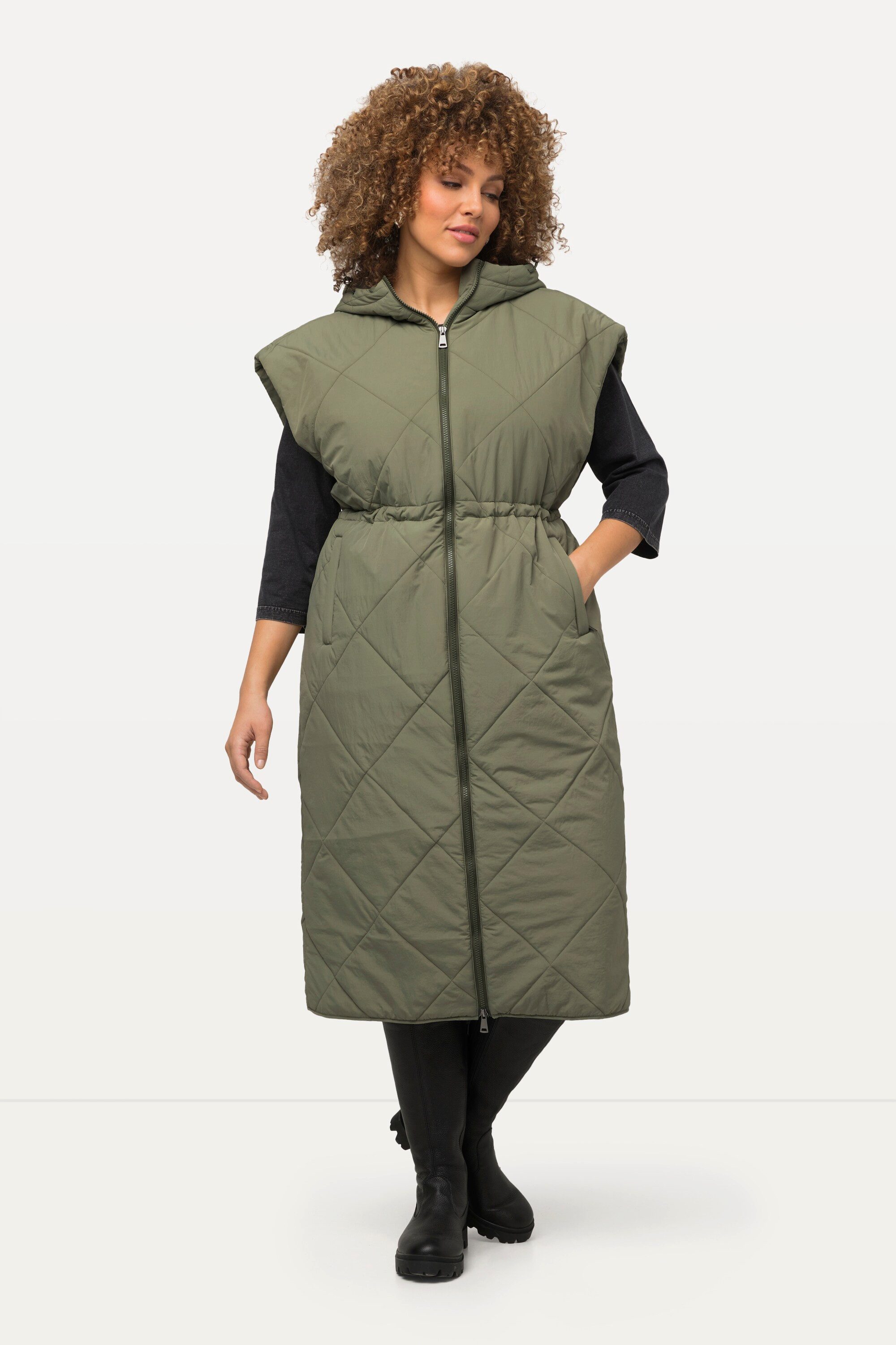 Steppweste Long-Steppweste Kapuze 2-Wege-Zipper ärmellos
