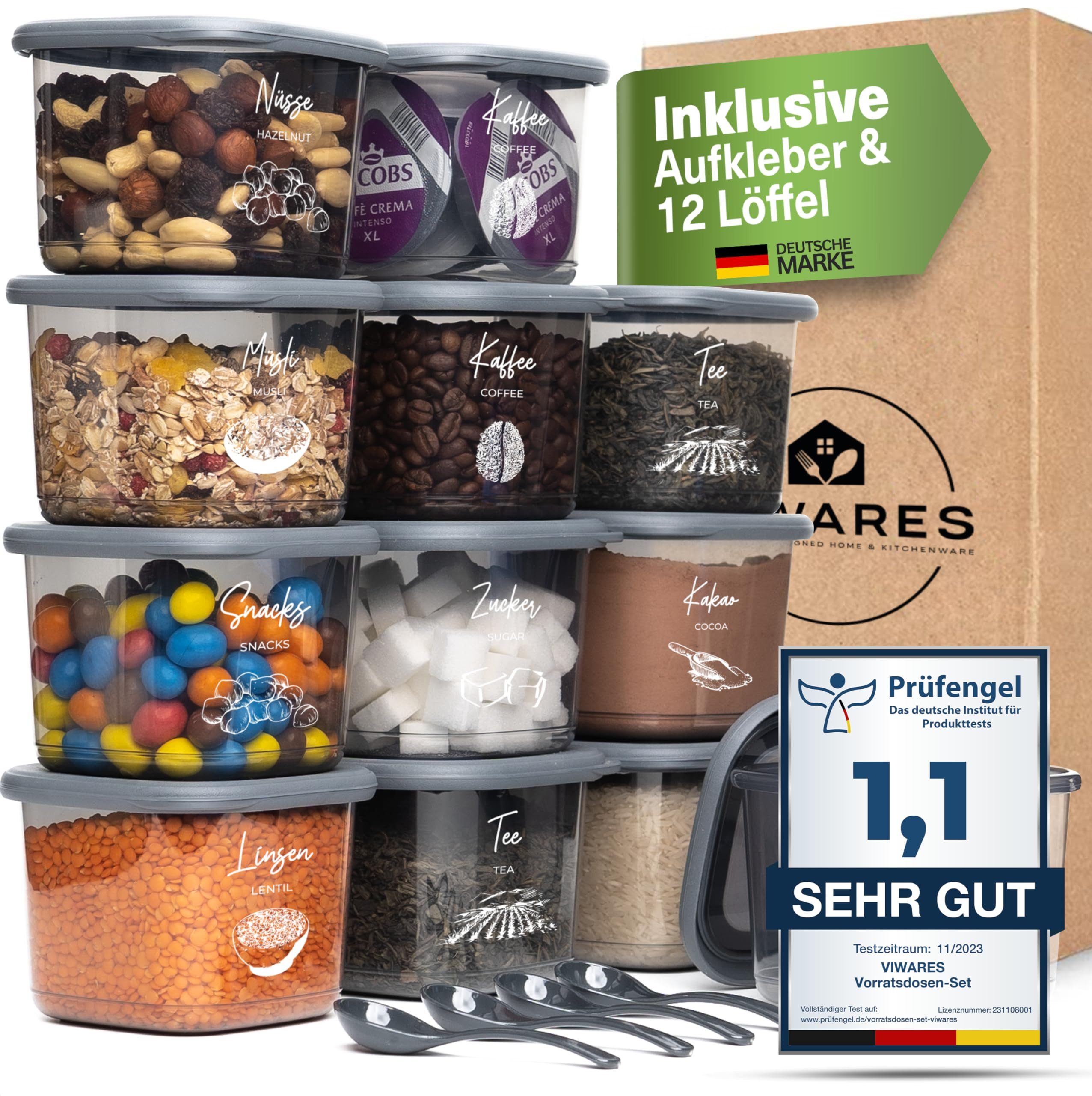 Viwares Vorratsdose Viwares Банки для хранения-Set 12er Anthrazit SERIE FOLY 0.55L, Kunststoff