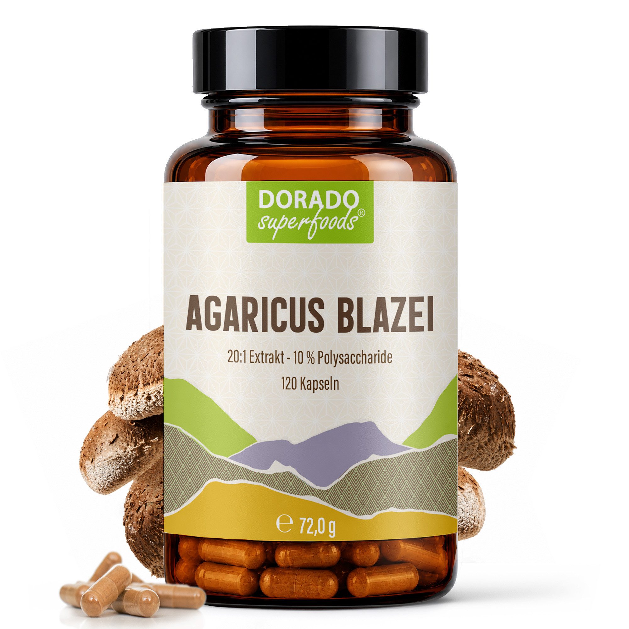 Dorado Superfoods Agaricus Blazei Kapseln 20:1 Extrakt – 120 Stk – 10% Polysaccharide Kapsel, 120 St., 72 g