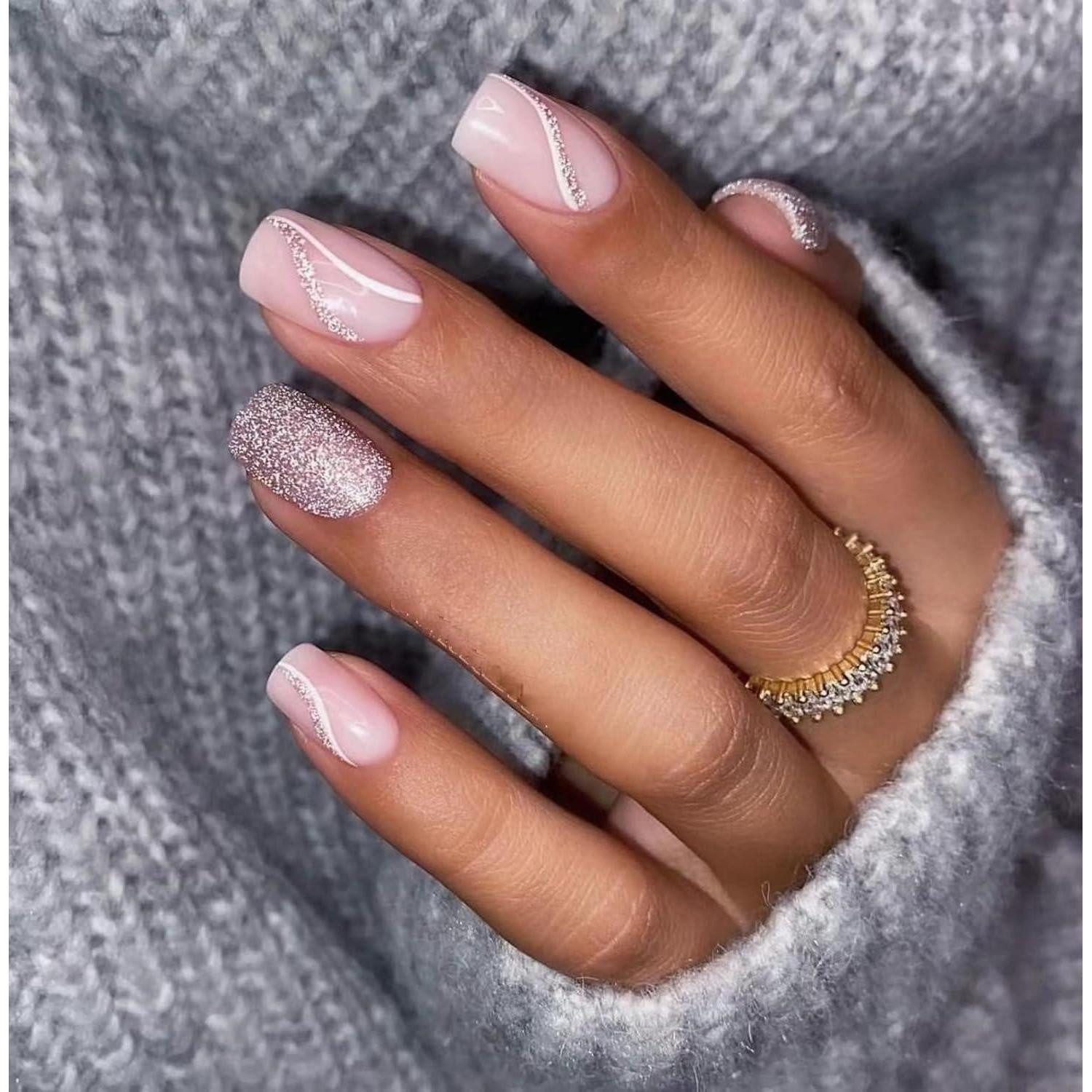 LuxusKollektion Kunstfingernägel 24 Stück Rose Glitter Nägel Zum Aufkleben Kurz Weiß Eckig