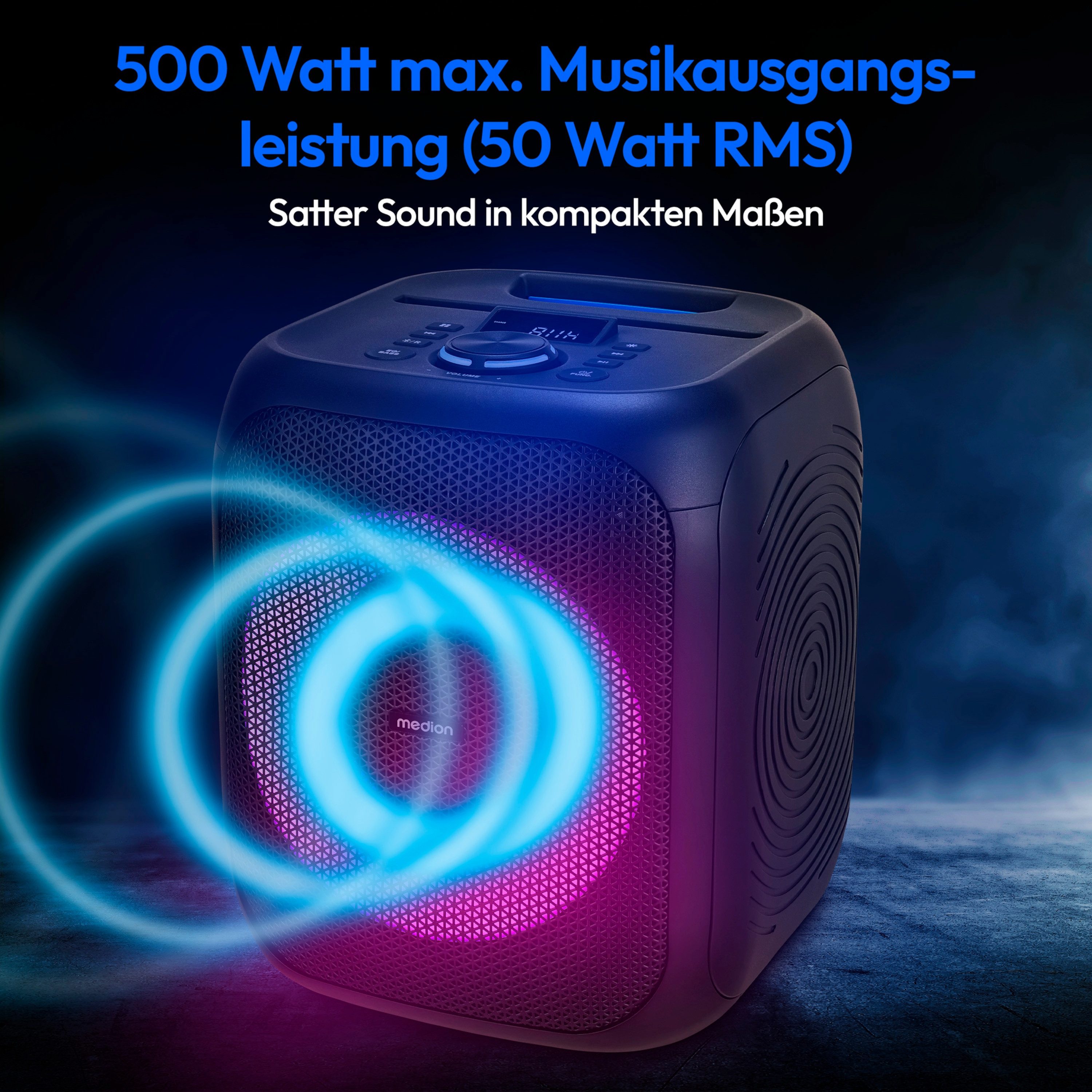 Medion® S61991 (MD43991) Lautsprecher (A2DP Bluetooth, AVRCP Bluetooth, Bluetooth,HFP, 50 W, Lichteffekte, Karaoke, Akku, spritzwassergeschützt (IPX4)