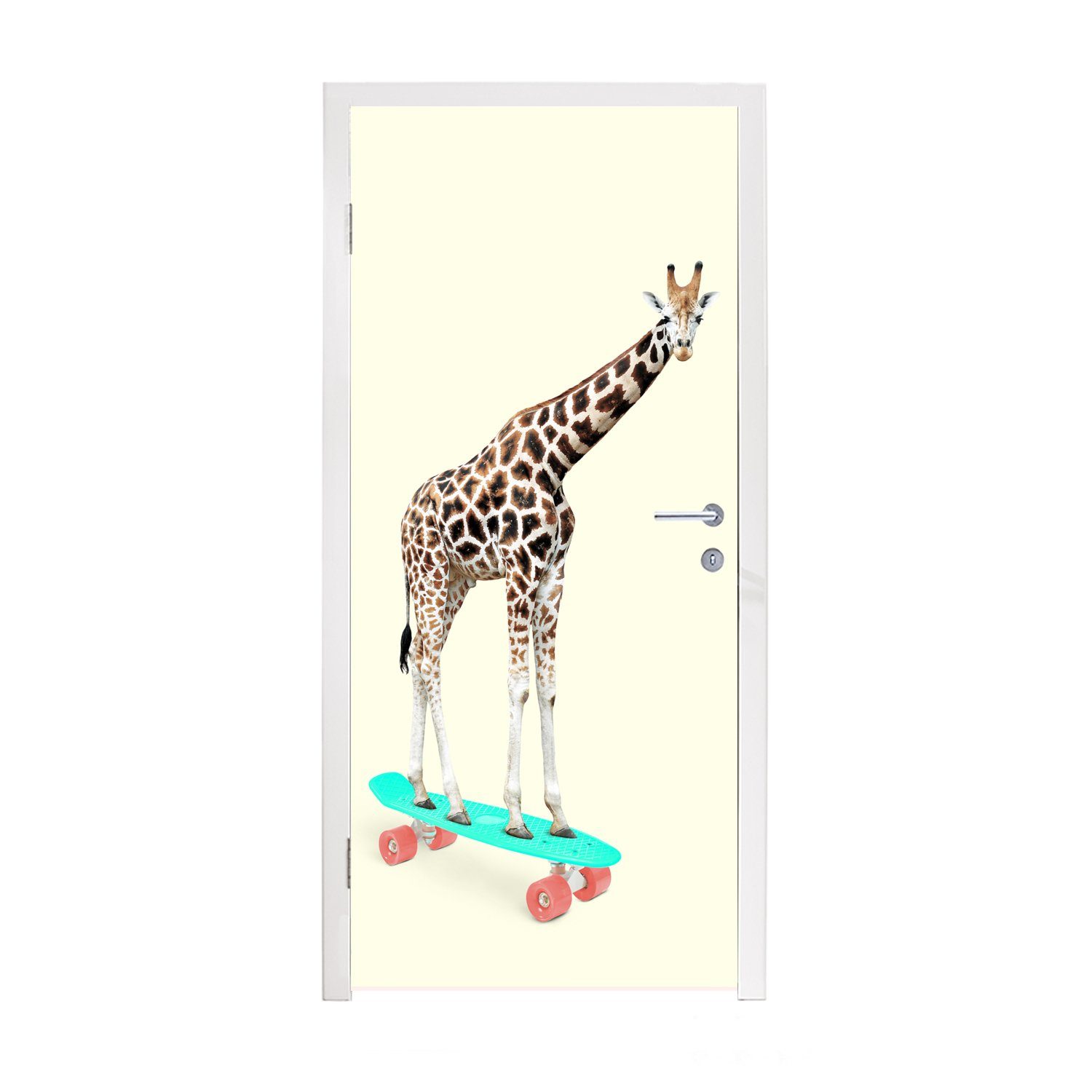 MuchoWow Türtapete Giraffe - bedruckt, Rosa Fototapete Skateboard (1 cm für - Türaufkleber, Matt, - - St), Tür, Tiere, Muster 75x205