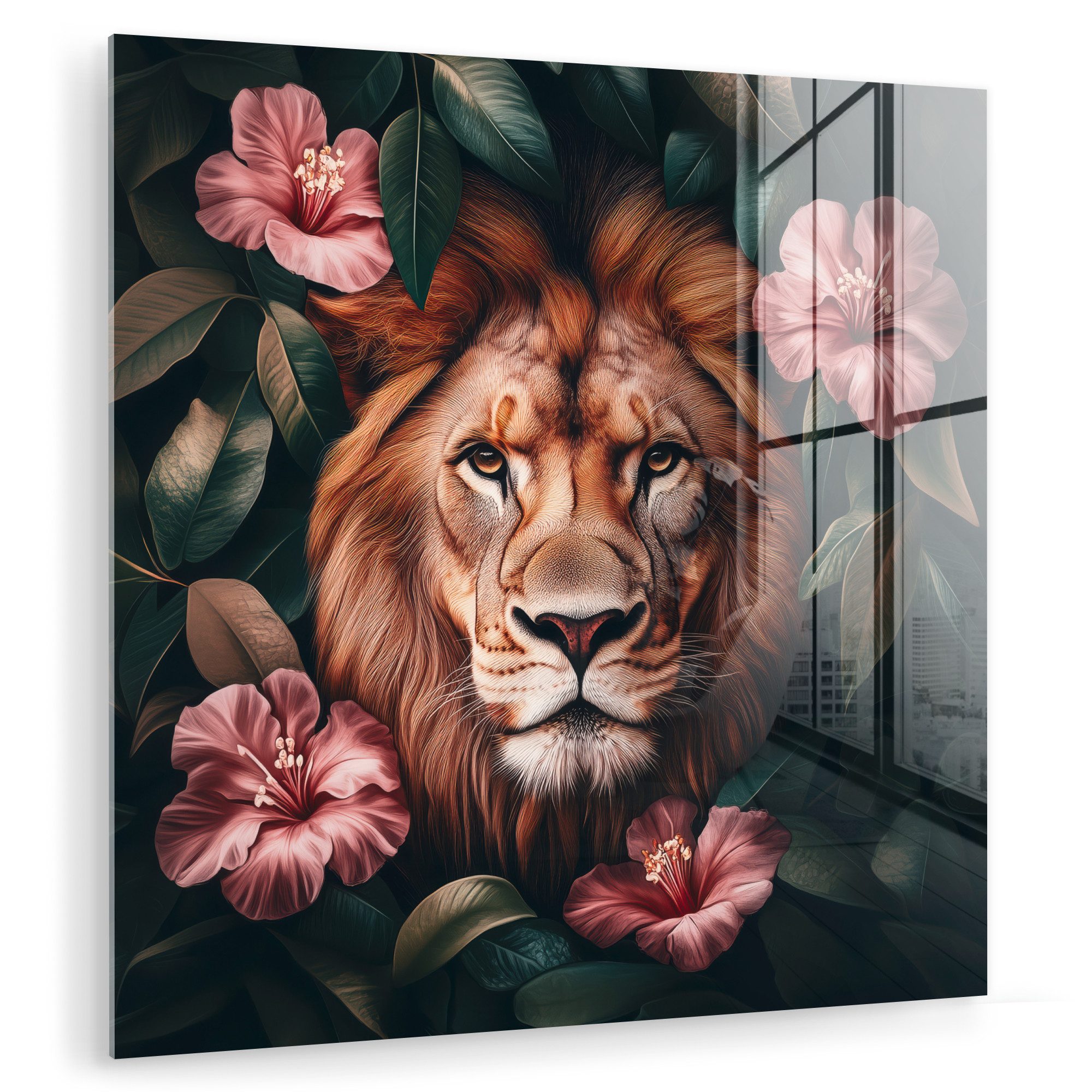 MuchoWow Acrylglasbild Löwe - Rosa Blumen günstig online kaufen