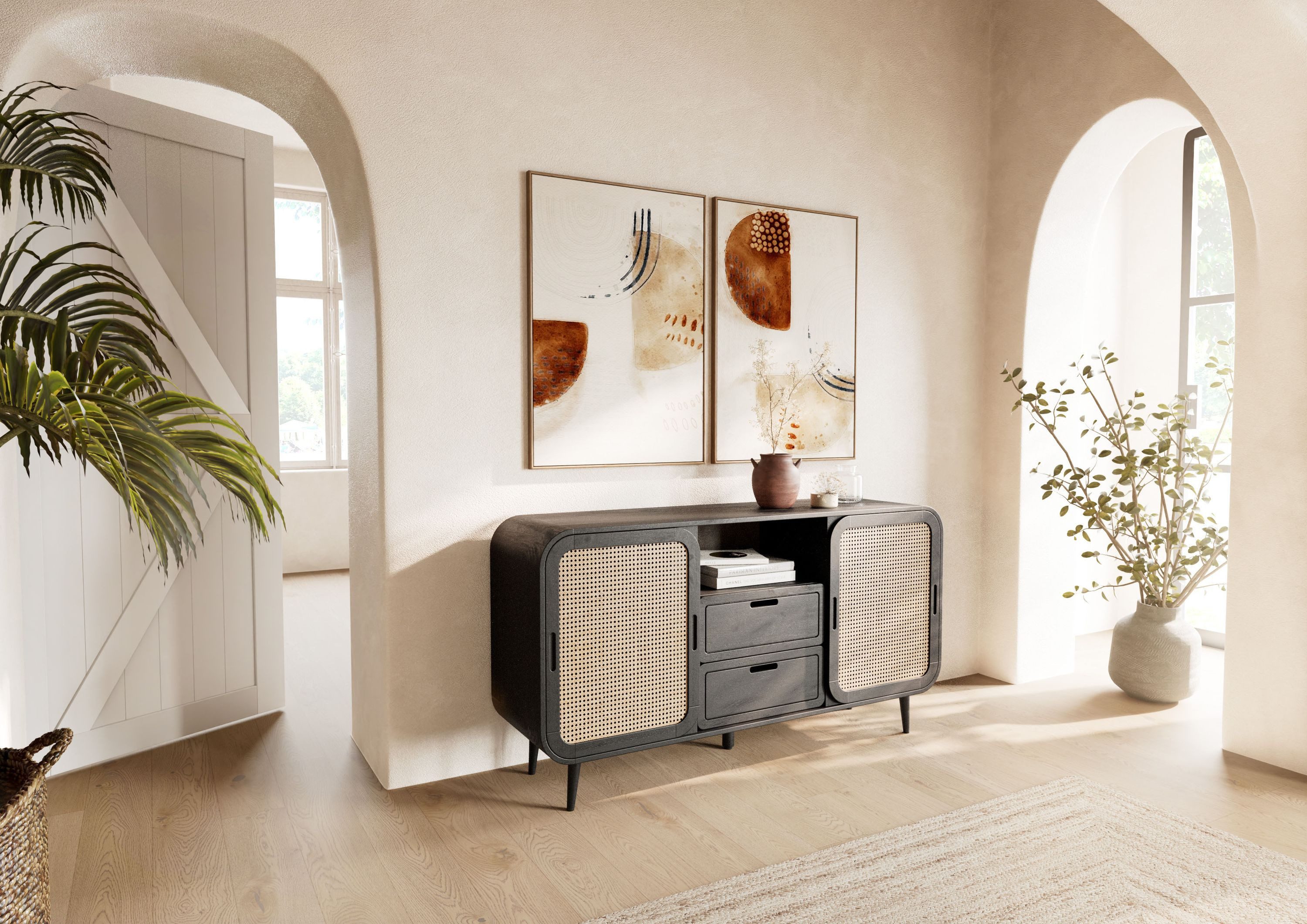Massivmoebel24 Sideboard VALENCIA (Massivholz), Mango 150x40x80 dunkelgrau lackiert VALENCIA #218