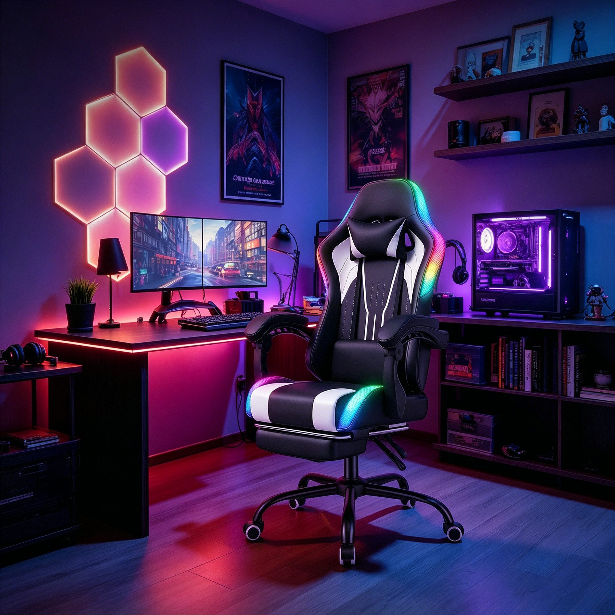 HOMALL Gaming-Stuhl mit LED,Ergonomisch,Fußstütze,computerstuhl,gaming stuhl mit massage, Ergonomischer Bürostuhl,Kopfstütze und Lendenstütze