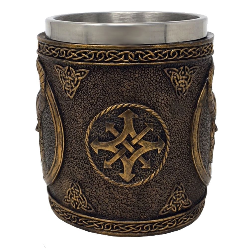 MystiCalls Bierkrug Krug Loki - Götterkrug Wikinger Met, 1-tlg., Polyresin, Herausnehmbarer Metalleinsatz