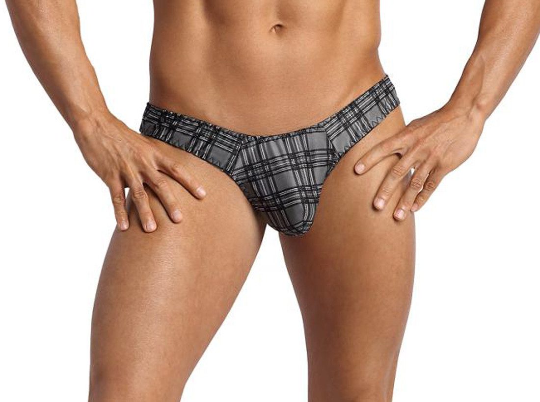 String Schwarz grau karierter Dessous Herren String aus glattem halbtranspare