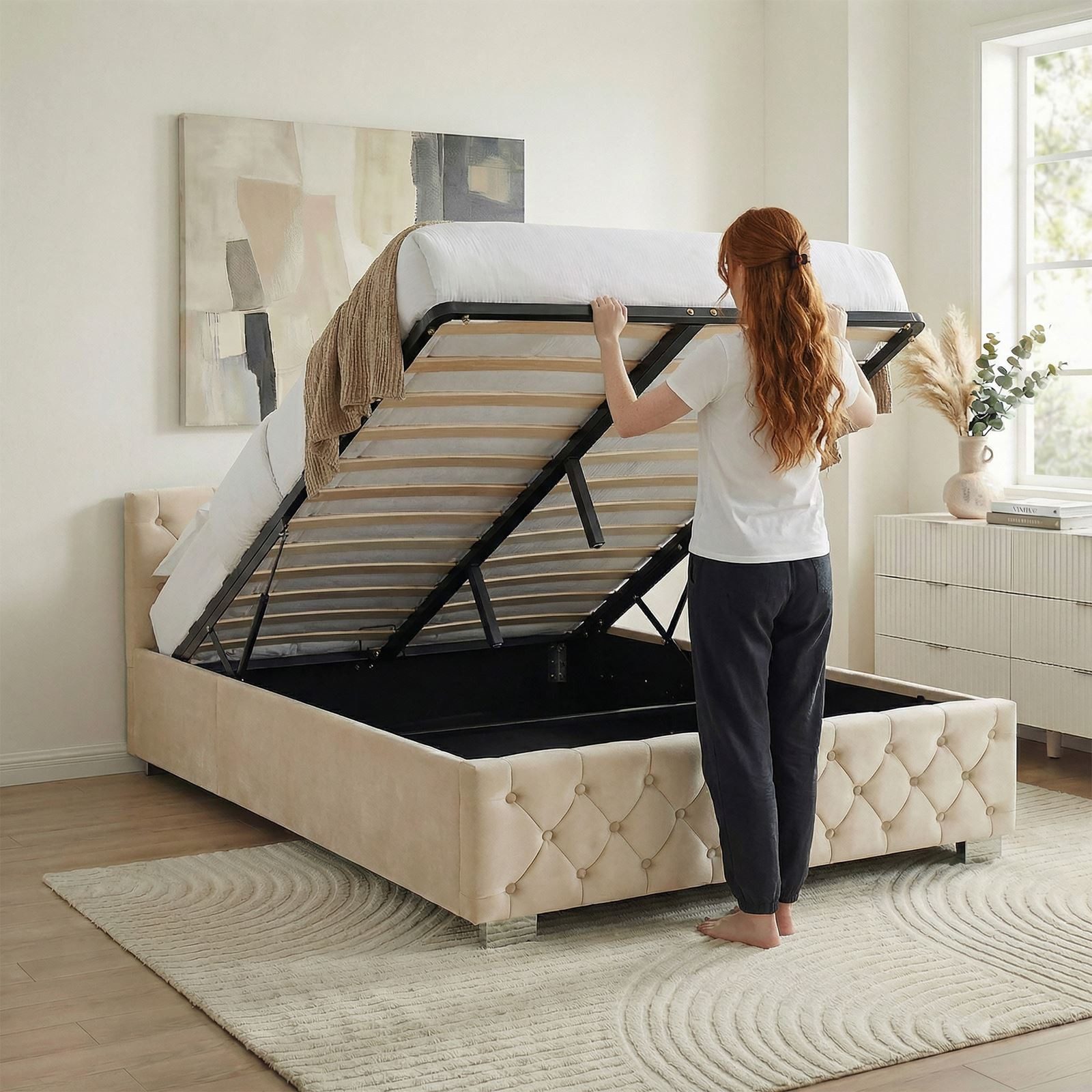 IDIMEX Polsterbett NURI, Bett 160x200 cm mit Samtbezug und Bettkasten Cremeweiß