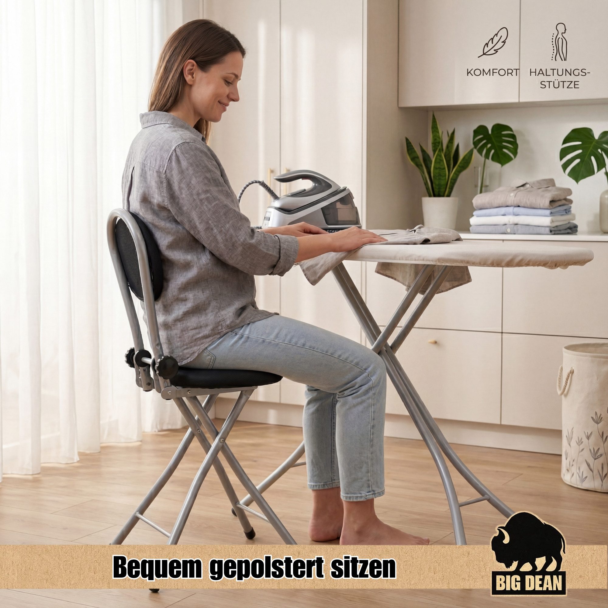 BigDean Stehhilfe Bügelstehhilfe Stehstuhl höhenverstellbar klappbar Bügelstuhl Stehsitz (Packung, 1 St), Klappbar, gepolsterte Sitzfläche, Sicherheitsarretierung