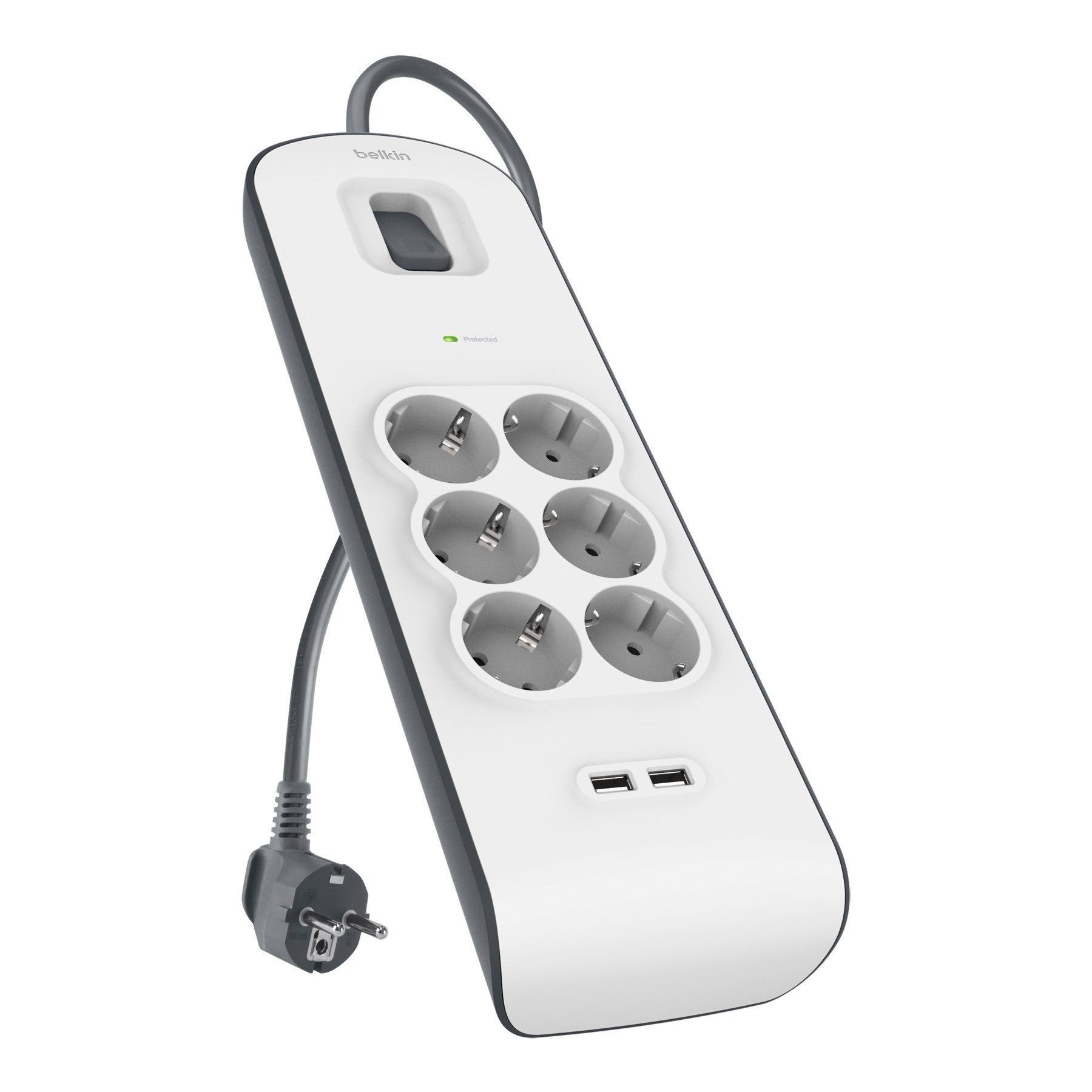 Belkin 6fach-Steckdosenleiste mit Überspannungsschutz, 2-m-Kabel und USB-A Steckdosenleiste 6-fach (Ein- / Ausschalter, Überspannungsschutz, Kabellänge 2 m), 2 USB-Anschlüsse mit maximal 2,4 A