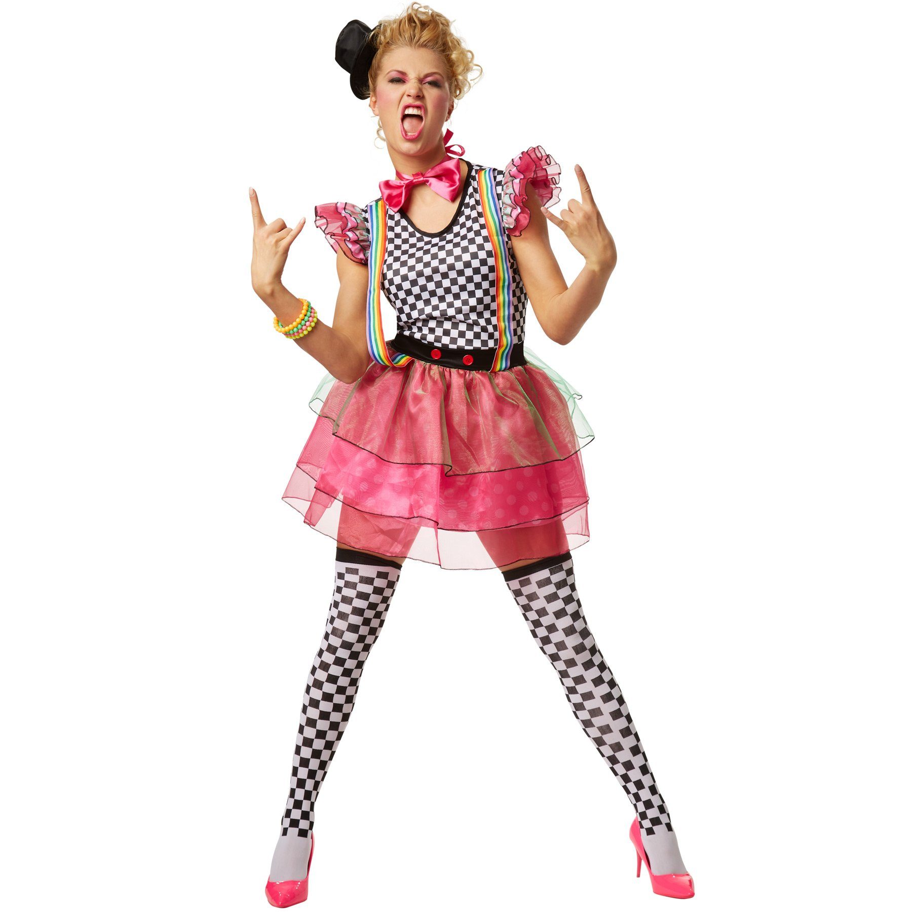 dressforfun Clown-Kostüm Frauenkostüm Neon Clown, Schrill-buntes Einteiler Kleid aus Elastik-Jersey