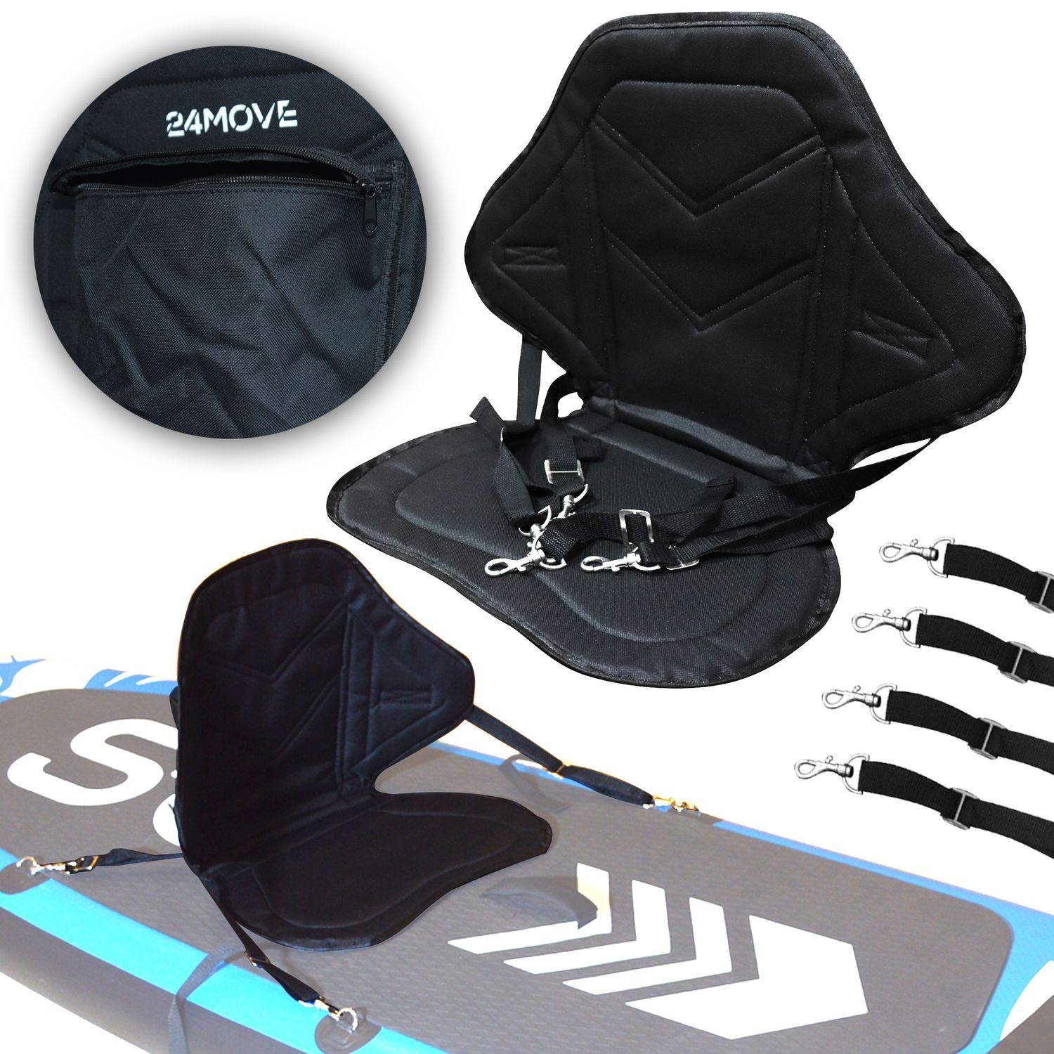 (verstellbare integrierter und SUP-Rückenlehne Paddle universal, 24Move Sitz Tasche), einsetzbar Gurtbänder elastisch Kajak SUP Boards, gepolstert für variabel