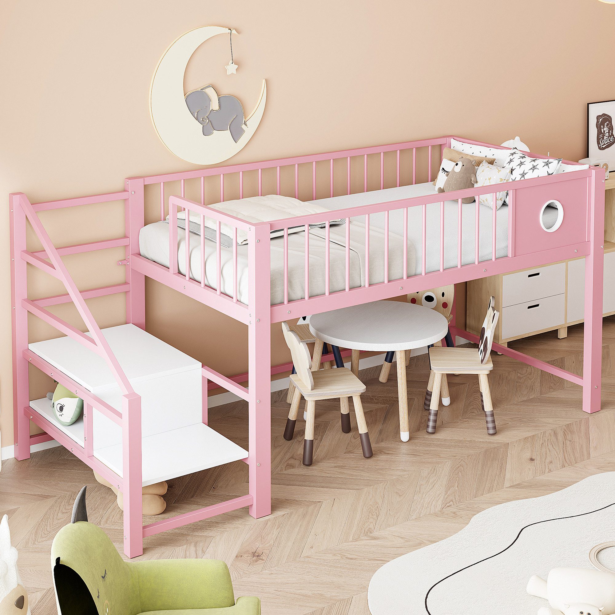 Celya Hochbett Kinderhochbett mit Stauraumleiter (ohne Matratze, 90 x 200 cm, stabilem Metallrahmen) Leiter, Stauraum, platzsparendes Design