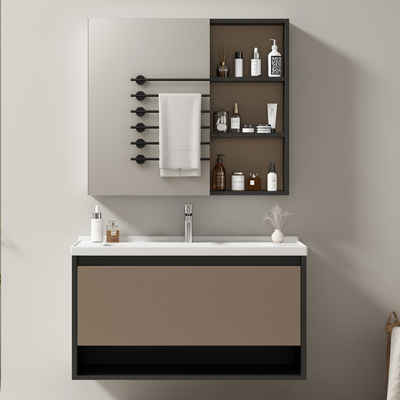 HIYORI Badmöbel-Set Badezimmer Badmöbel Set :Waschbeckenunterschrank hängend 90cm breit, mit Keramikwaschbecken Schubladen Spiegelschrank