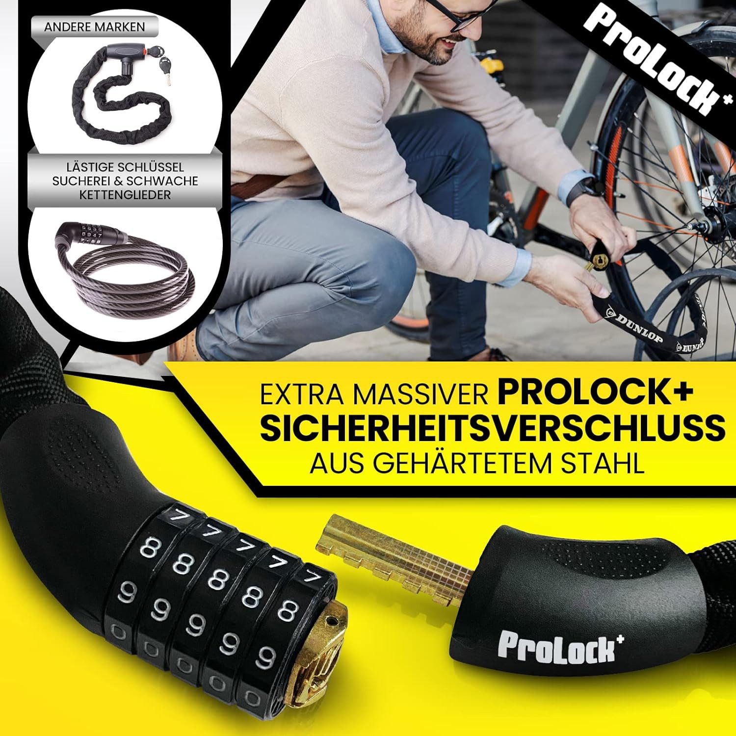 Dunlop Zahlenkettenschloss Fahrradschloss mit 5er Zahlencode Zahlenschloss Hohe Sicherheit 100 cm, verstärkter Stahl -Textilummantelung mit UV-Schutz
