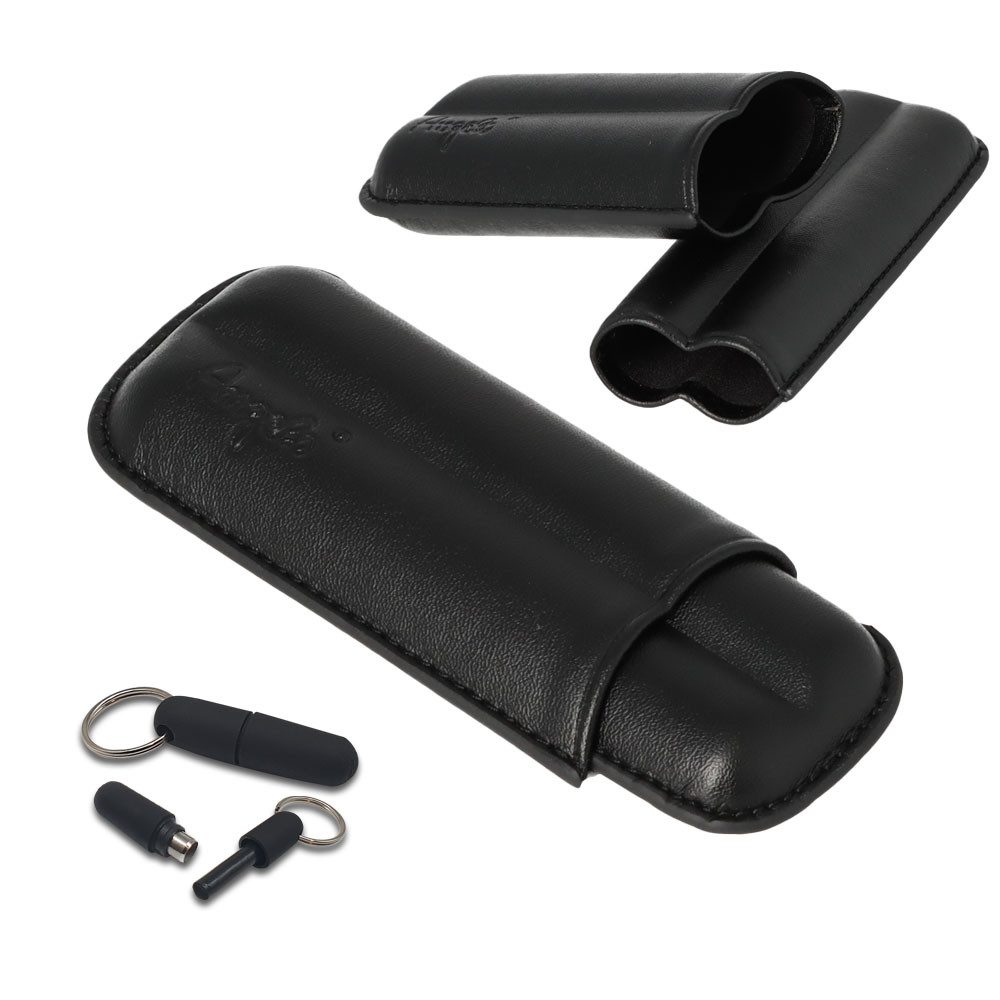 Coumo Humidor Zigarrenetui Reise Humidor, 2 Zigarren, Schwarz Braun, Zigarrenbohrer