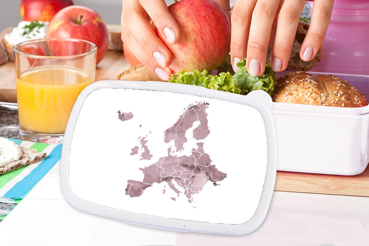 MuchoWow Lunchbox Karte von Europa und für Erwachsene, (2-tlg), Mädchen weiß - Brotbox Jungs für - Kunststoff, Brotdose, und Violett, Aquarell Kinder