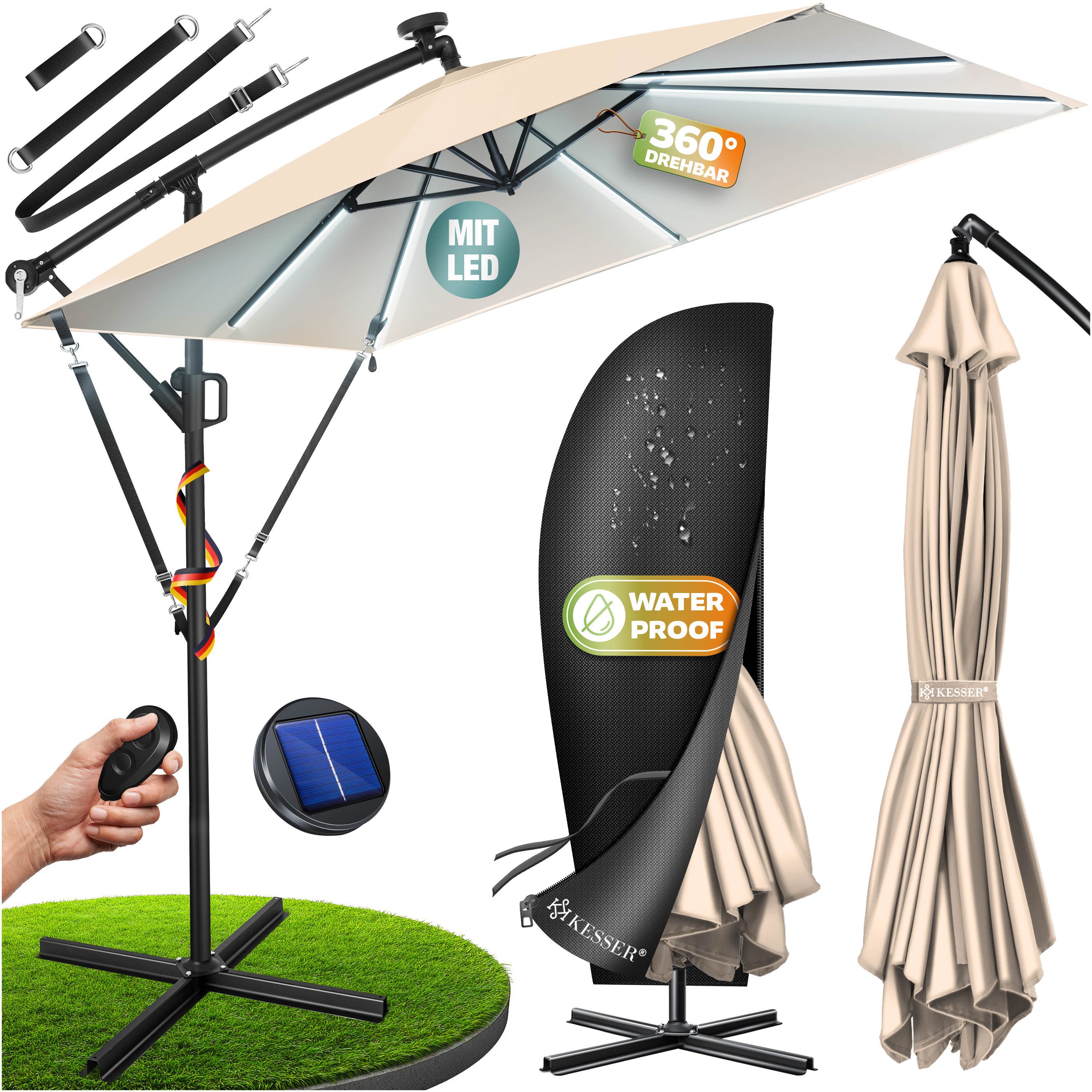 KESSER Ampelschirm, Ø350cm Sonnenschirm inkl. Abdeckung & Wind- & wetterfest