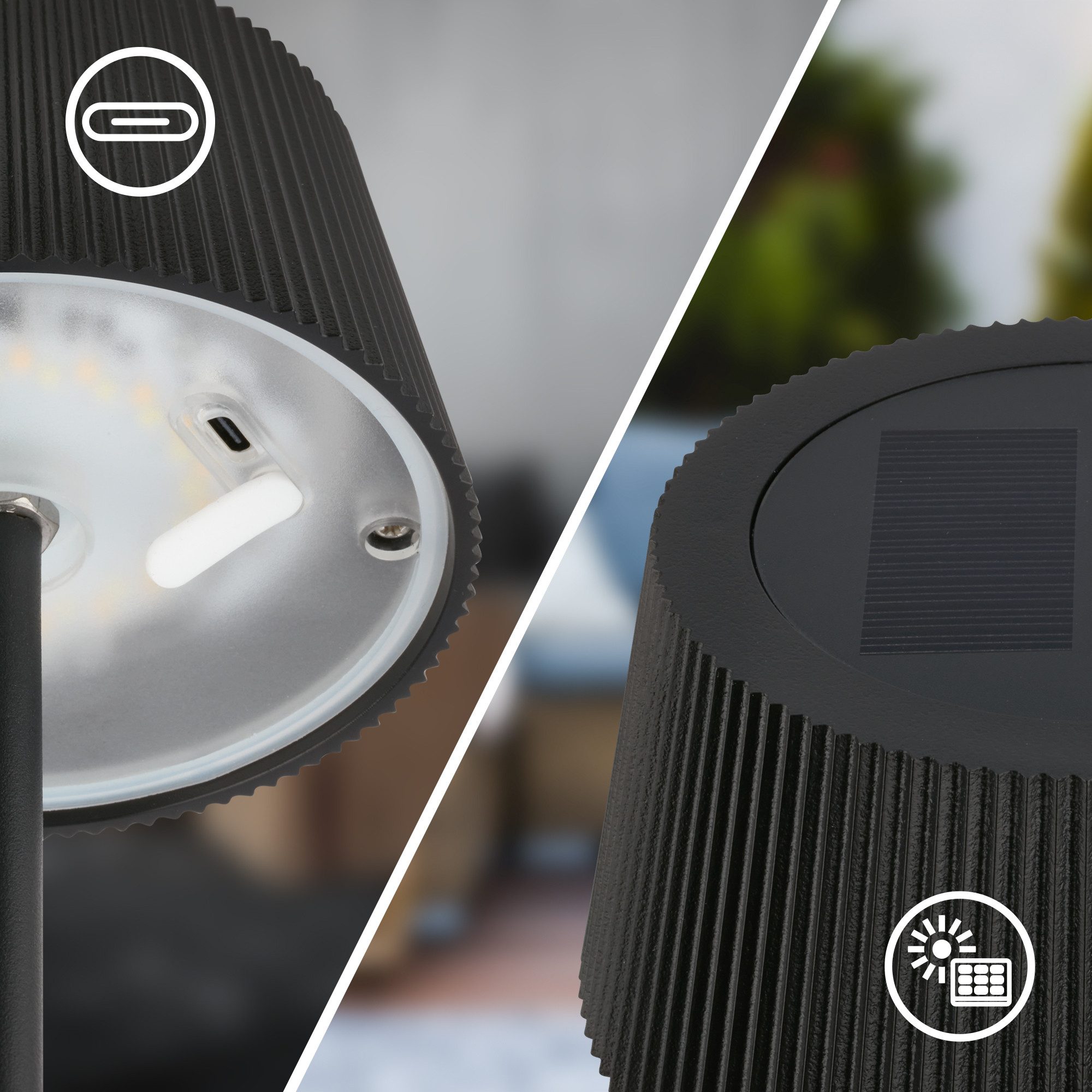 Briloner Leuchten LED Tischleuchte Tischlampe kabellos Akku Solar Touch Dimmbar USB-C, LED fest integriert, 3000K, 4000K, 6500K, 12x34 cm, Indoor/Outdoor, Balkon, Terrasse, Wohnzimmer