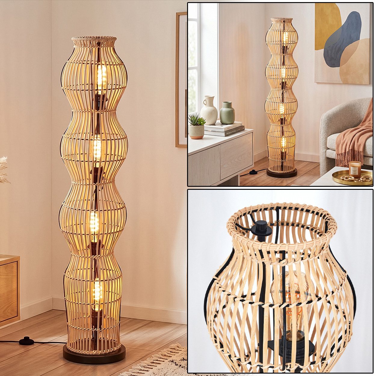 hofstein Stehlampe Stehlampe im skandinavischen Design mit Schirm aus Bambus in Natur, ohne Leuchtmittel, Stehleuchte im Boho-Style mit Lichteffekt und Fußschalter, E27, 110 cm