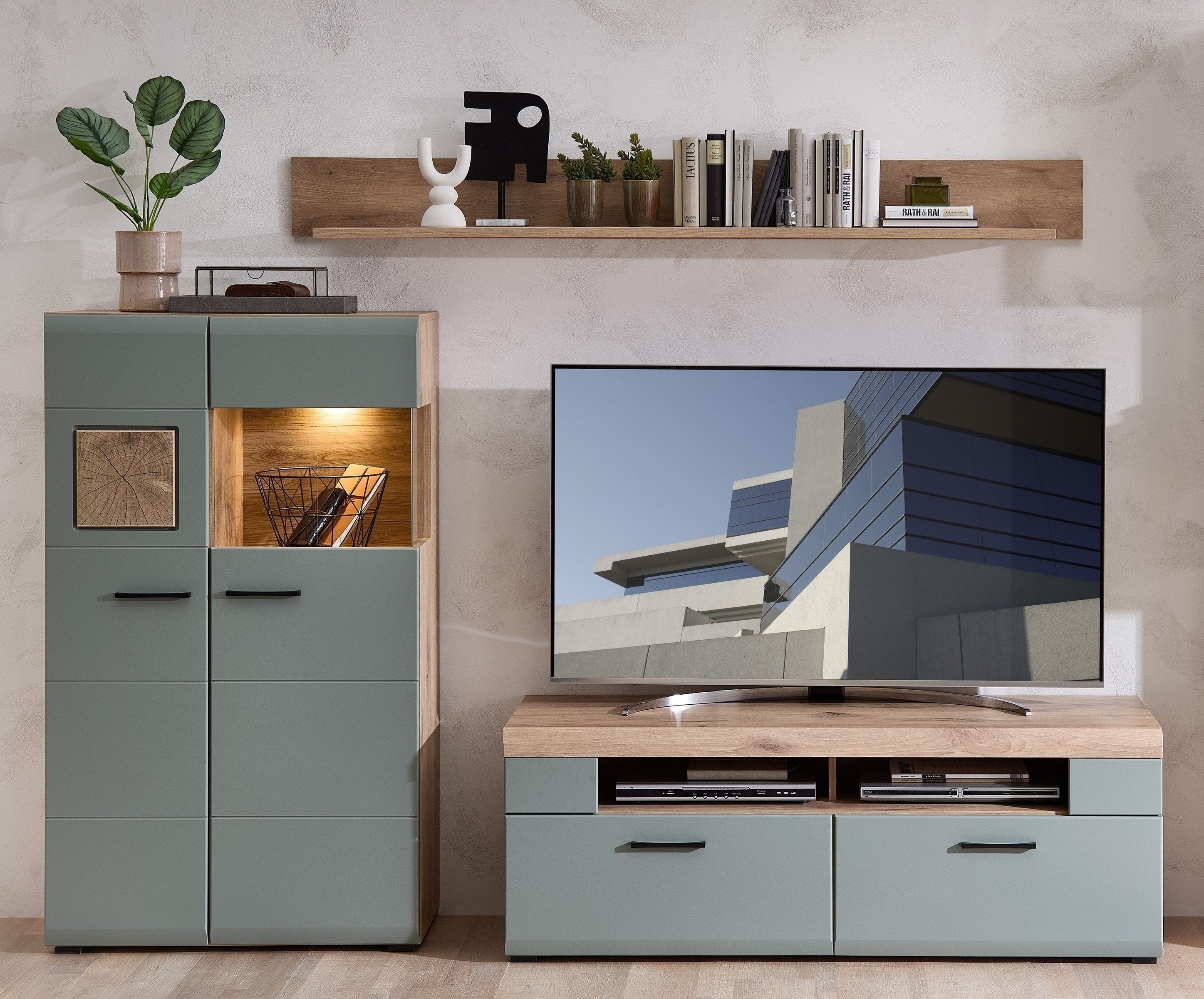 freiraum Wohnwand Kathlin, (3-teilig), (3-teilig) in schilfgrün / Eiche Dekor - ca. 250x180x47cm (BxHxT)