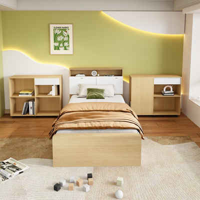IDEASY Jugendbett Kinderbett, Einzelbett, 90x200 cm, mit 4 Schubladen, (Ohne Matratze und Dekoration), hochklappbares Kopfteil, MDF + Spanplatte, einfacher Aufbau