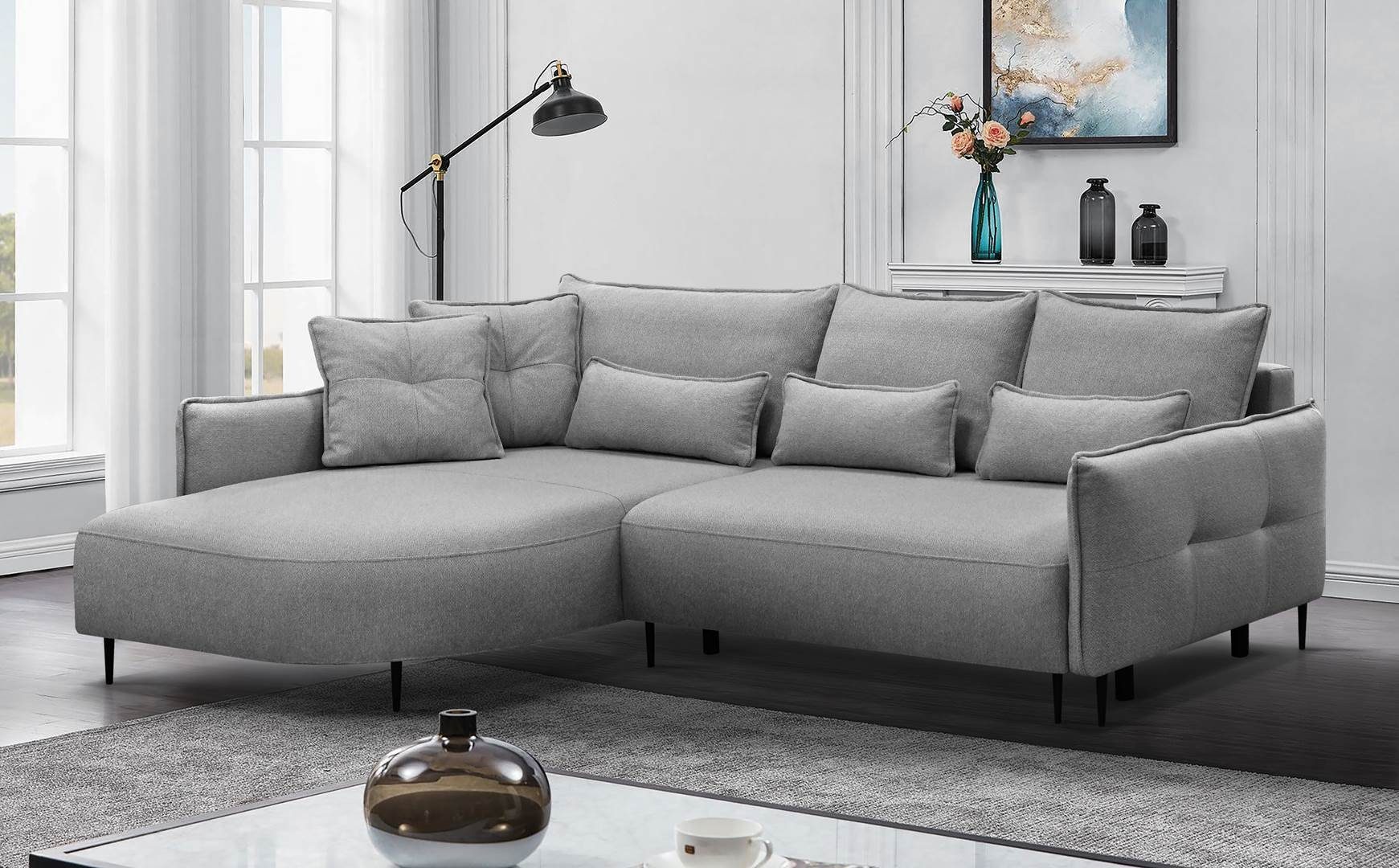 Design,mit Wohnzimmer, mane, oder 250x140 abgerundete mit Beautysofa mit links rechts für lose Kissen, Salerno, (magnum Silber cm, 10) Schlaffunktion Polsterecke modernes Bettkasten,