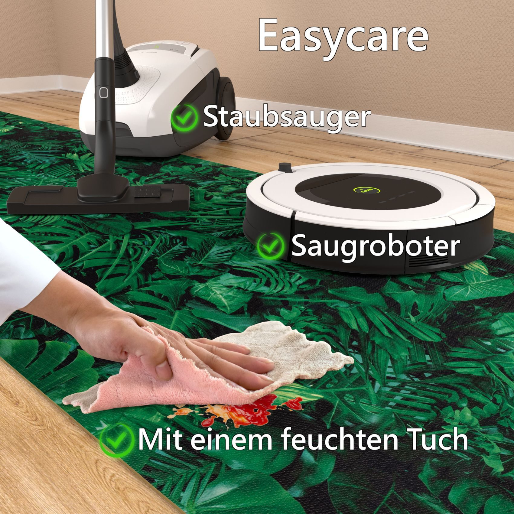 ANRO Küchenläufer ATLANTA Läufer Flurläufer Teppichläufer, Eckig, Bodenläufer 100x48cm Palmenblätter Grün pflegeleicht