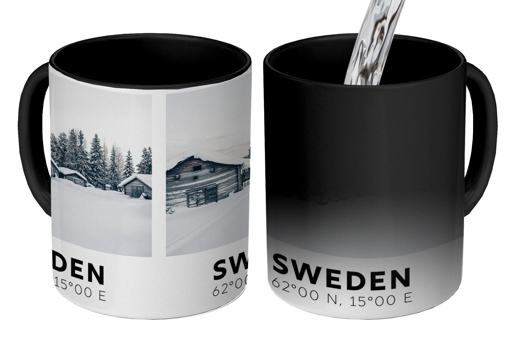 MuchoWow Tasse Schweden - Schnee - Häuser, Keramik, Farbwechsel, Kaffeetassen, Teetasse, Zaubertasse, Geschenk