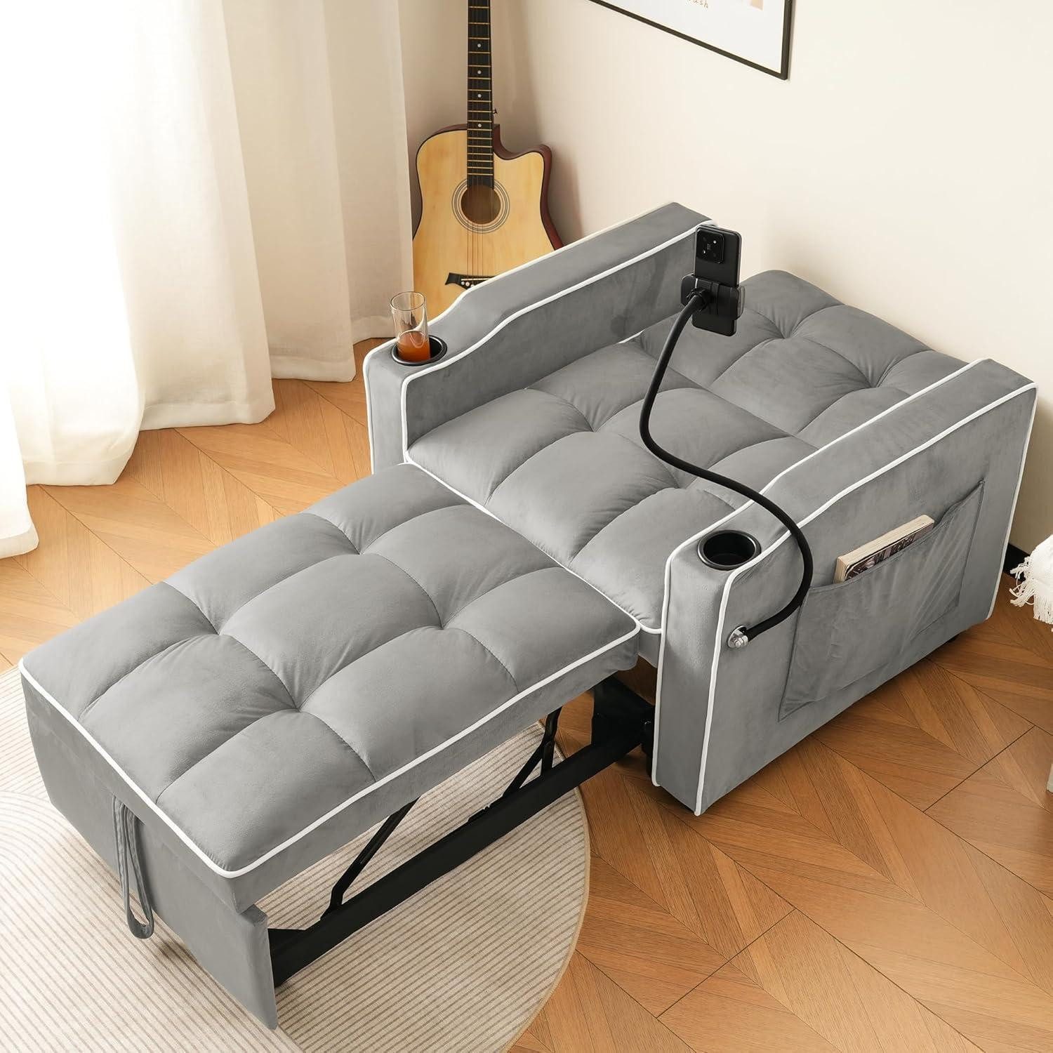 LuxusKollektion Schlafsofa Schlafsofa 3in1 Ausziehbar Getränkehalter Antik Grau Weiß B