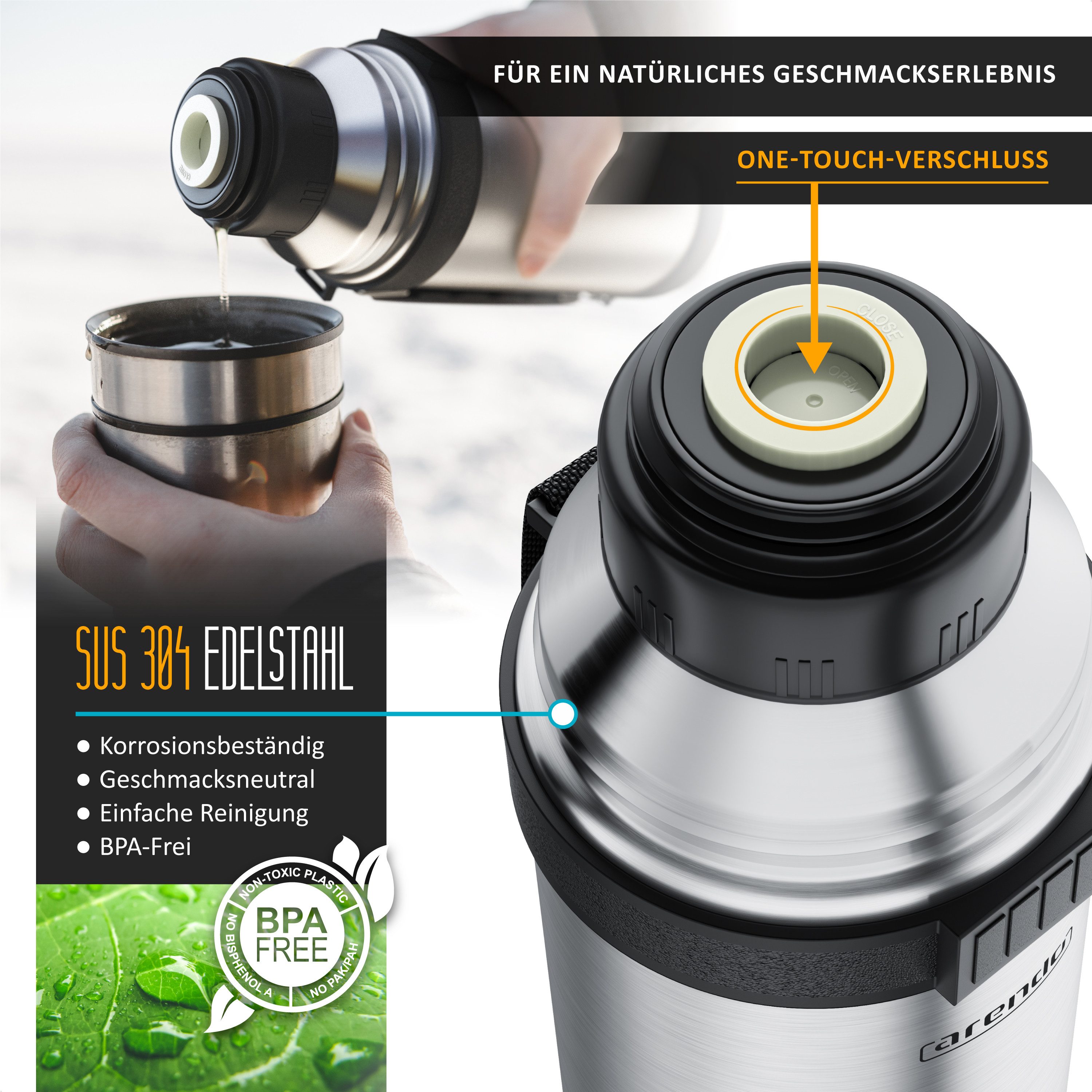 Arendo Thermoflasche 1 L Isolierflasche mit 2 Tassen, Edelstahl Trinkflasche für Unterwegs, kohlensäuregeeignet, inkl. 2 Becher, BPA-frei, auslaufsicher – Bild 3 von 5