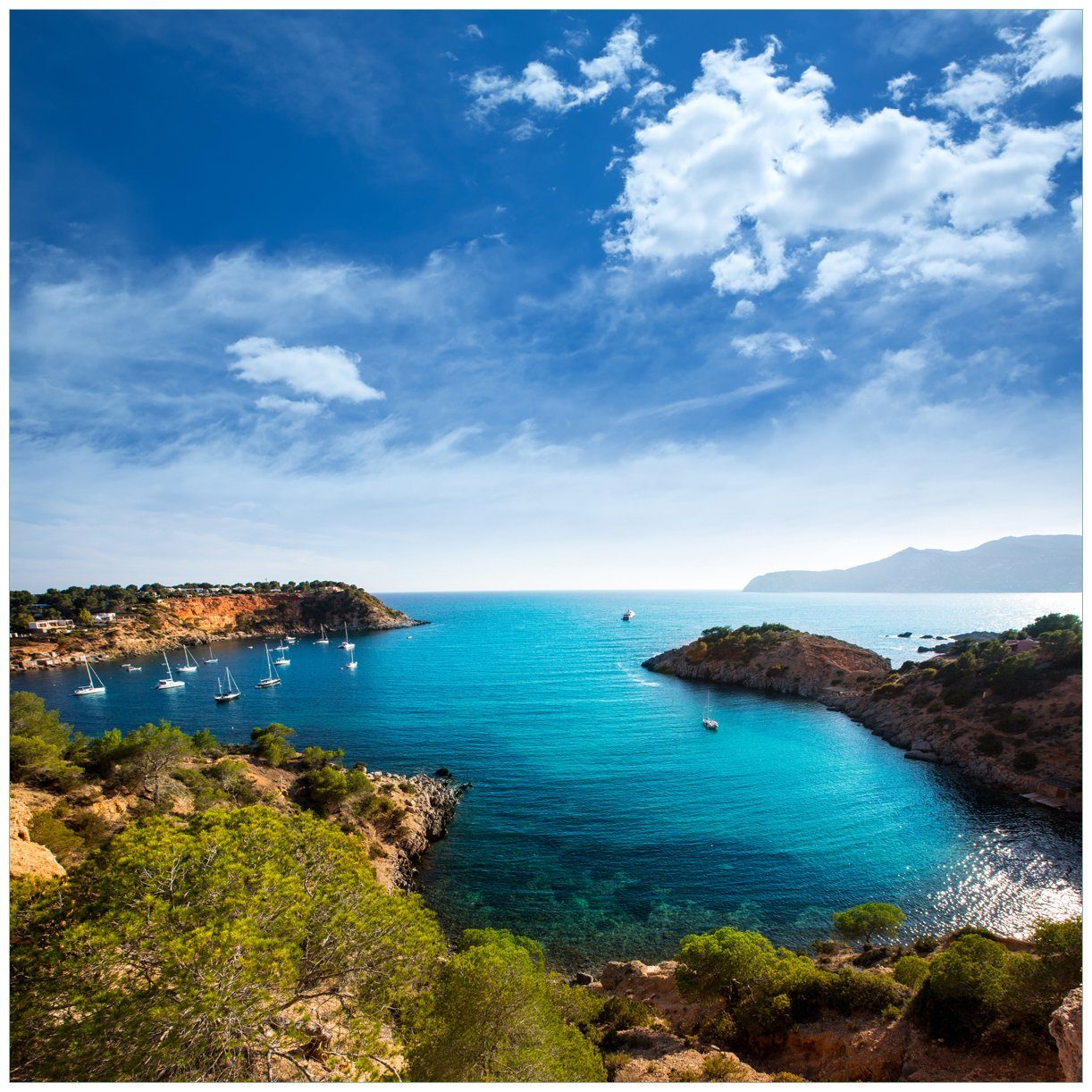 Tisch Meer geeignet St), Lack Wallario - Bucht Ibiza Tischplatte aufs (1 Ikea Blick für von einer