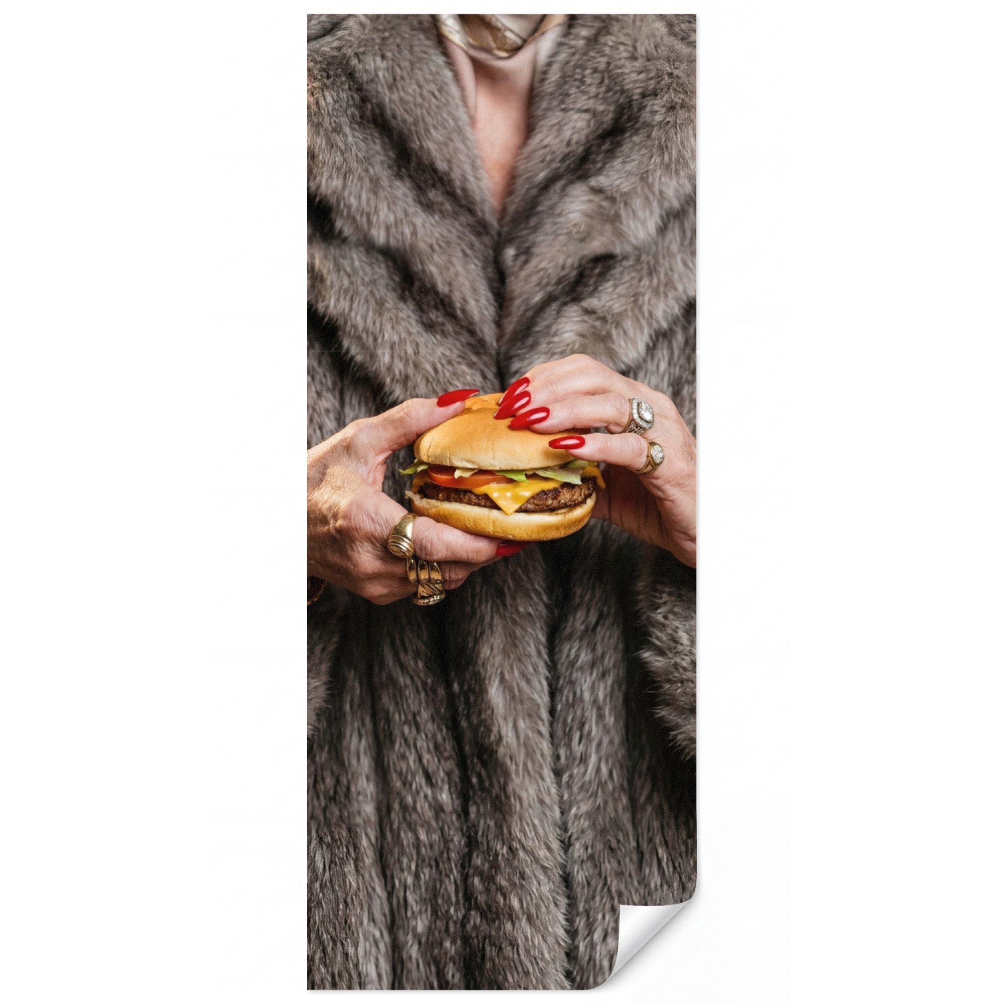 OnlyWow Fototapete Frau - Hamburger - Pelzmantel, Matt, bedruckt, Modern, Wanddekoration, Wohnzimmer, Wandtapete 120x300cm