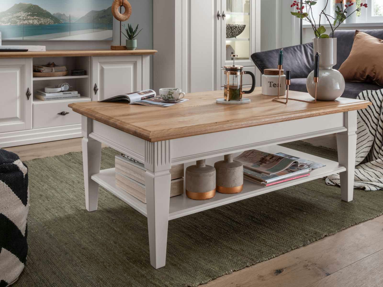 Casamia Couchtisch Couchtisch Wohnzimmer Tisch Monza 120x75cm Massivholz Pinie weiß