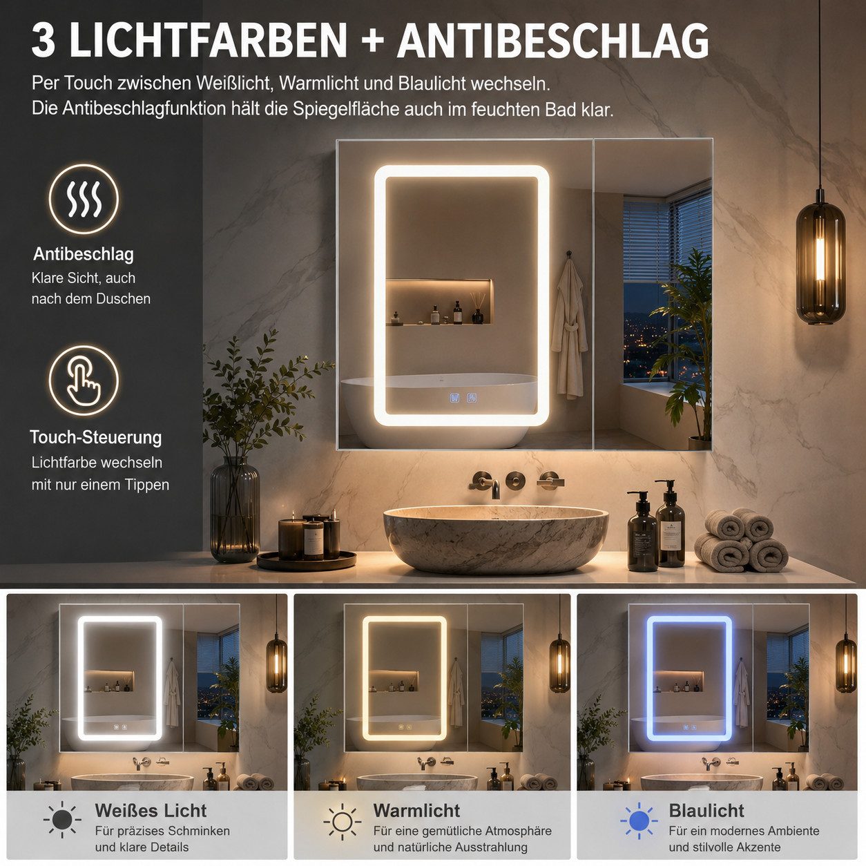 Simurq Badezimmerspiegelschrank Spiegelschrank Bad 70cm Mit LED Beleuchtung, Doppelseitiger Spiegel (Set, 3 Farbtemperatur Dimmbare, Badezimmerschrank Wandschra – Bild 3 von 5