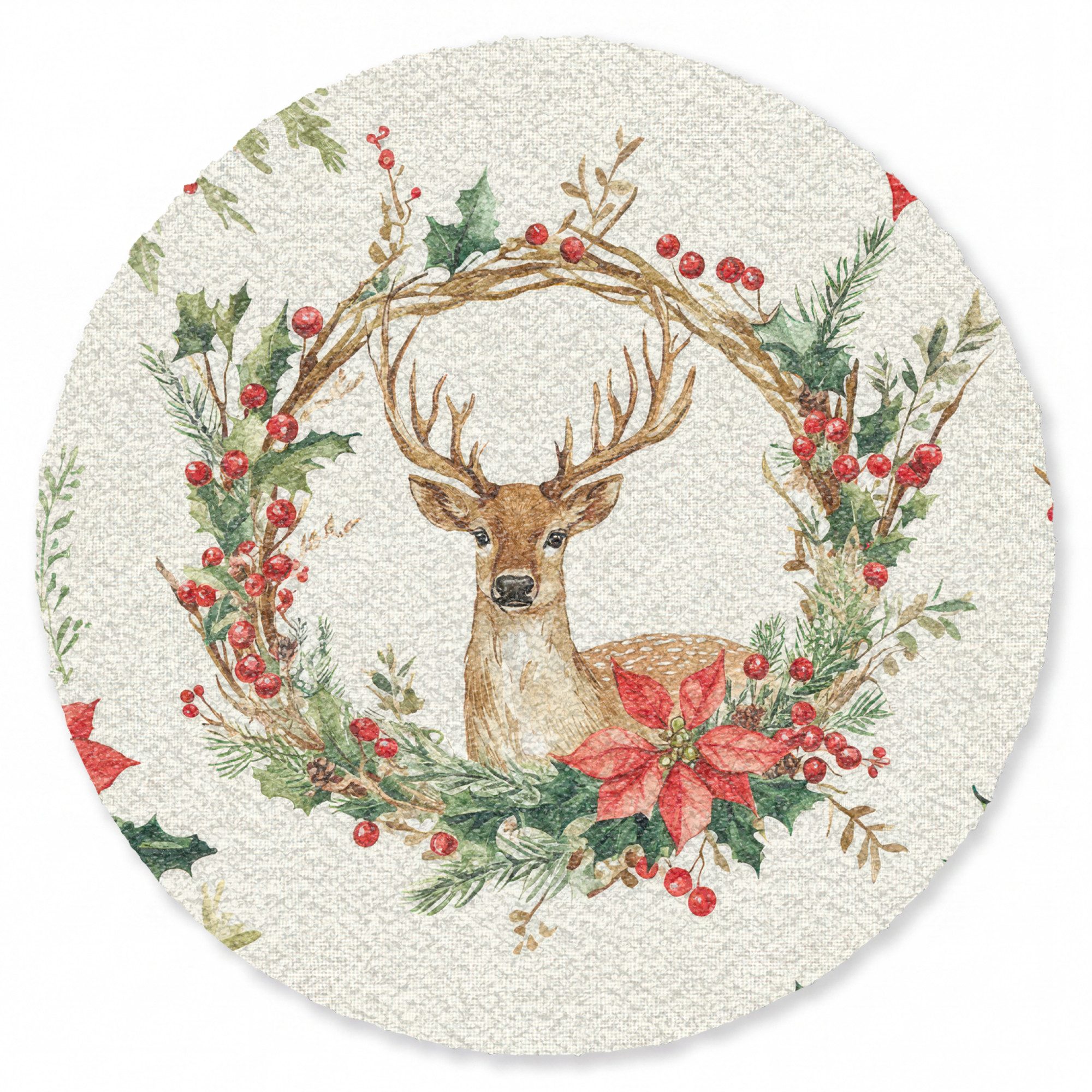 MuchoWow Fußmatte Rund Weihnachtskranz - Hirsch - Stechpalme - Rot, Rechteckig, Sauberlaufmatte, Fußabtreter, Türvorleger 120x120 cm