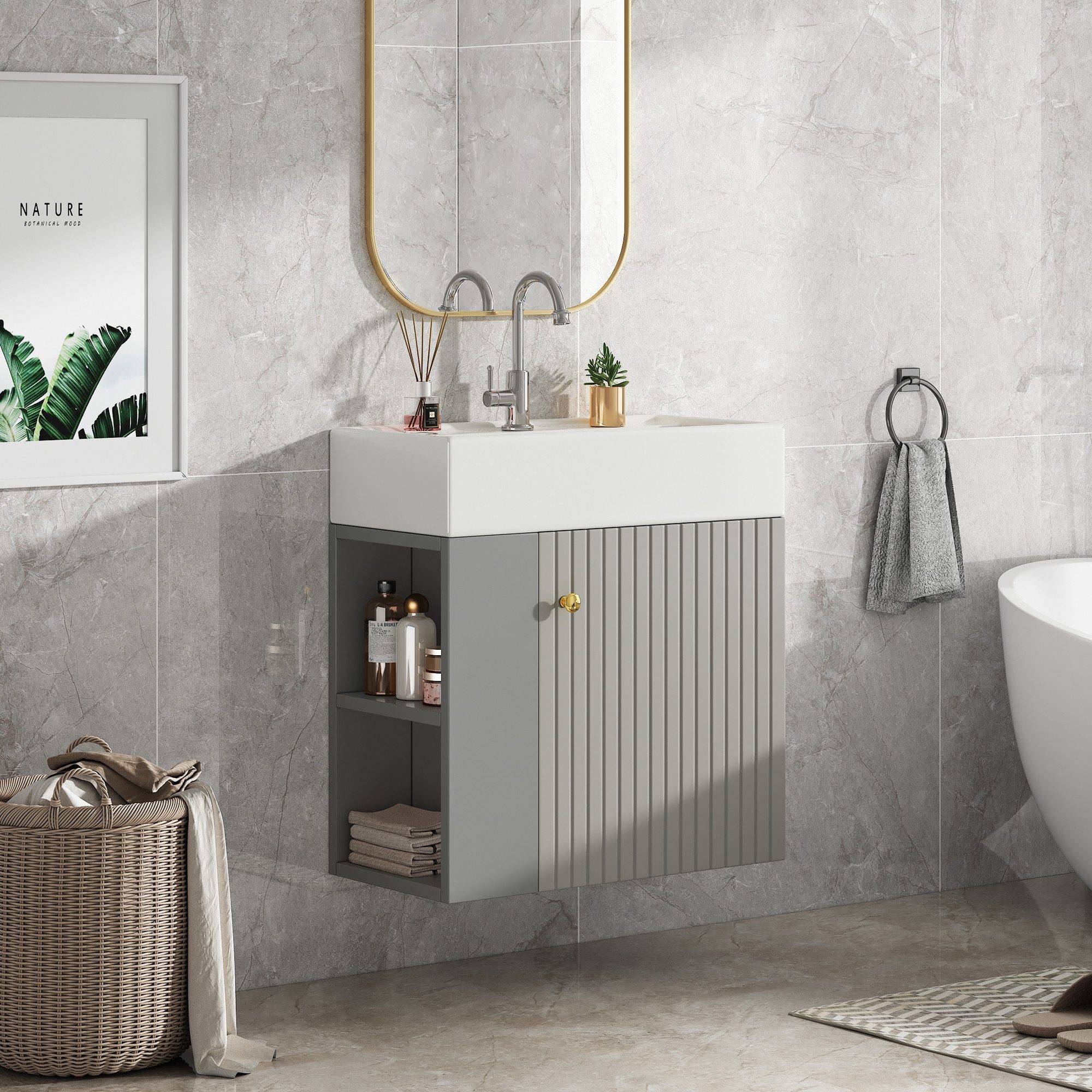 IDEASY Waschtisch Waschbecken mit Waschtischunterschrank 55 cm, Kleine Gästebadmöbel, Badezimmermöbel, Waschtischunterschrank hängend hellgrau/Weiß