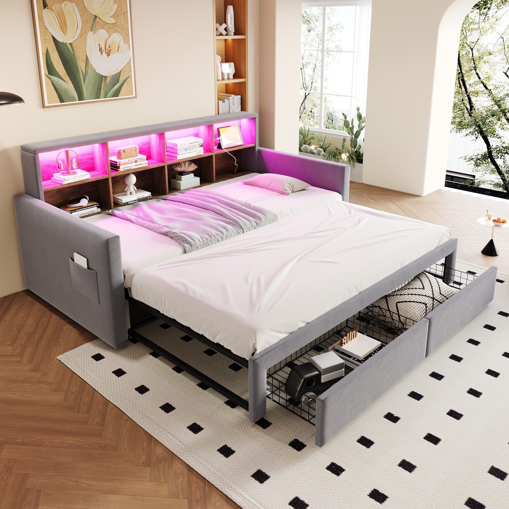Odikalo Polsterbett Ausziehbar Schlafsofa 90/180 x190 Staufach LED USB mit/ohne Schubladen