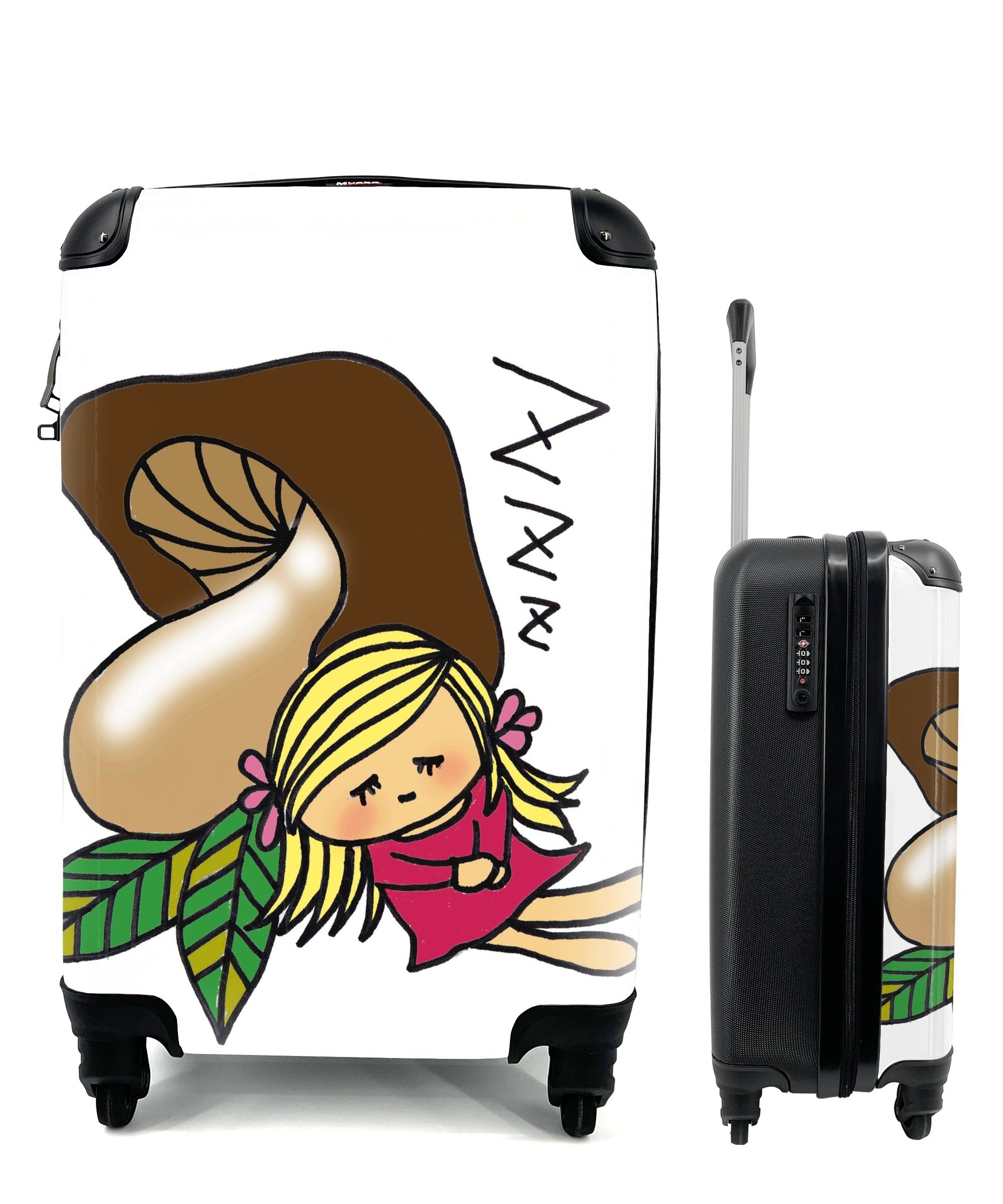MuchoWow Handgepäckkoffer Ein Mädchen vor einem Pilz mit schlafenden Augen, 4 Rollen, Reisetasche mit rollen, Handgepäck für Ferien, Trolley, Reisekoffer