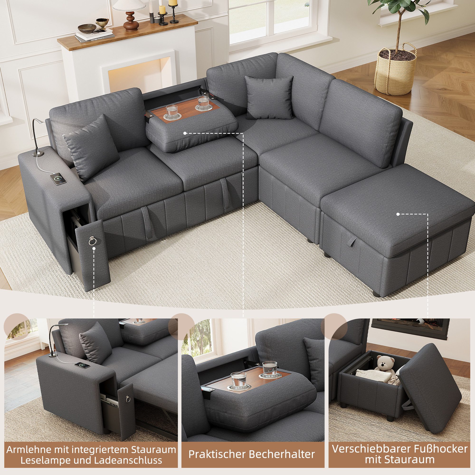 i@home Ecksofa L‑förmiges ausziehbares Ecksofa mit Schlaffunktion, Schlafsofa, USB und Type‑C Anschluss, Leselicht, Stauraum in der Armlehne