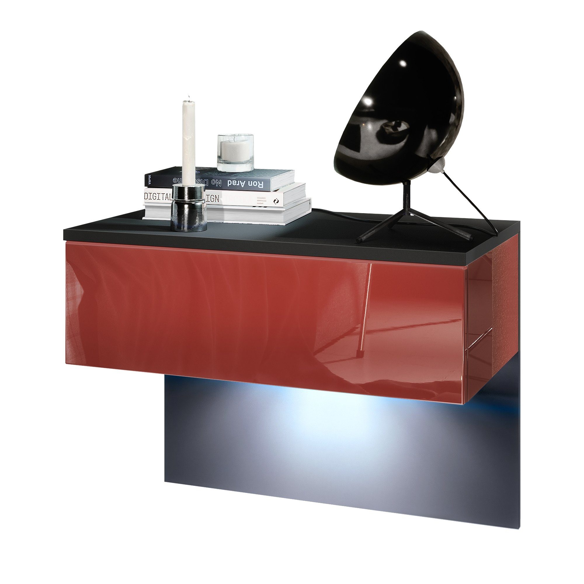 Vladon Nachttisch Sleep (Nachttischschrank, mit Schublade zur Wandmontage), Schwarz matt/Bordeaux Hochglanz, inkl. LED-Beleuchtung (60x46x35 cm)