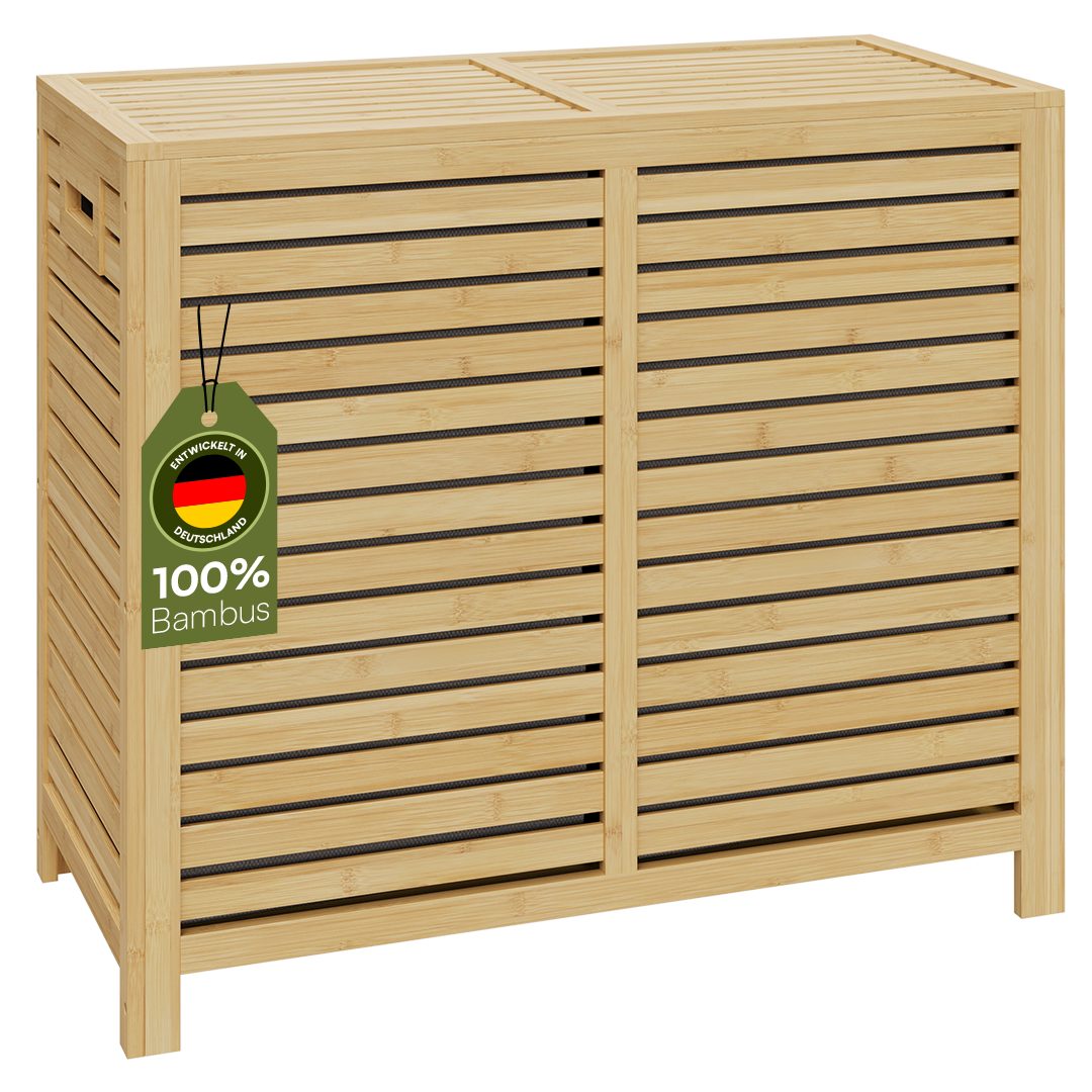 Bellamio Wäschekorb Newa aus Bambus mit Deckel (2 Fächer à 60 L), Wäschesäcke herausnehmbar & waschbar, auch verfügbar mit 1 Fach