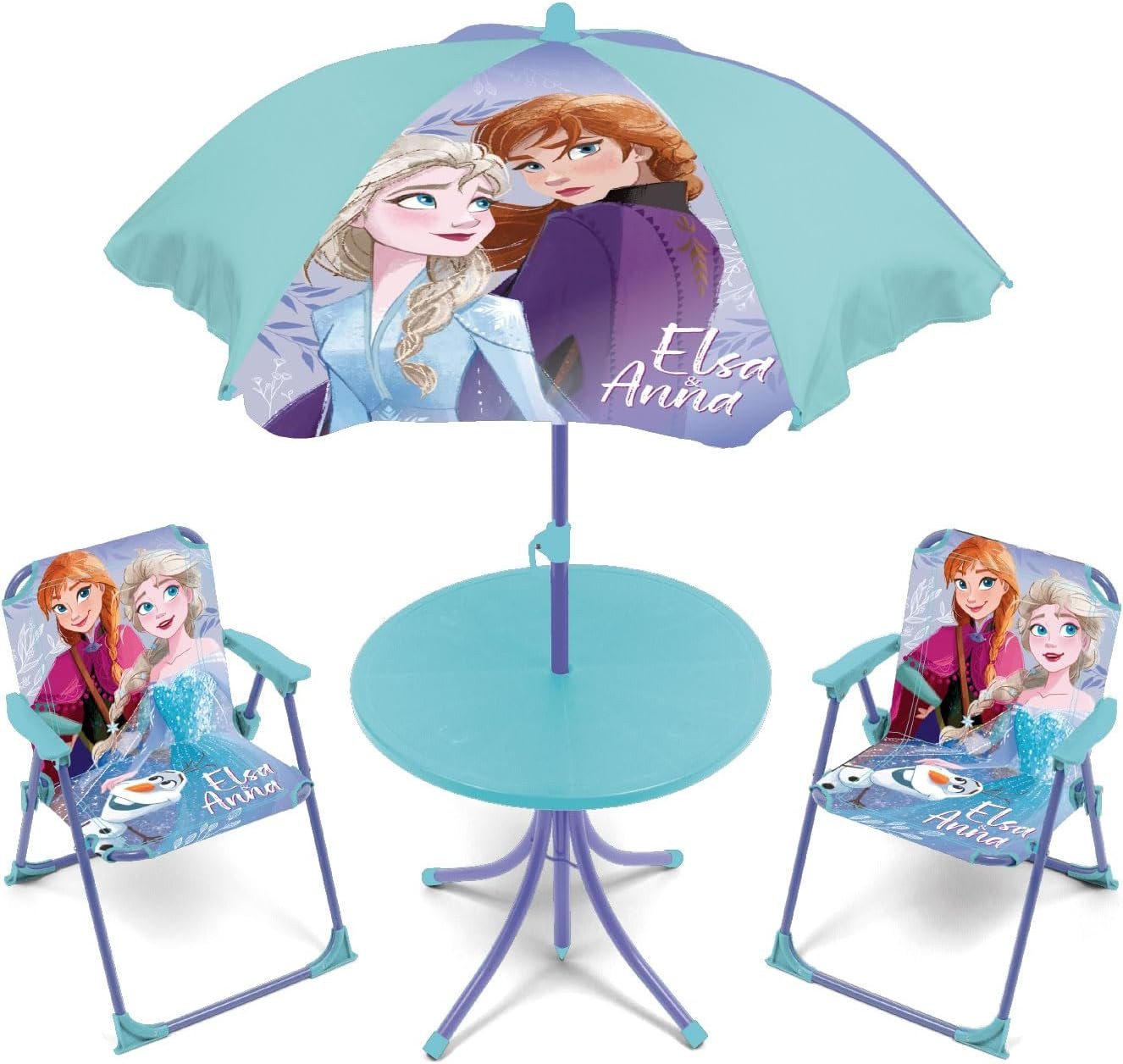 Arditex Kindertisch Kinder-Tischset mit 2 Stühlen & Sonnenschirm in verschiedenen Motiven, Robust, 2 Stühle, Sonnenschirm, Frozen-Motiv, abnehmbar