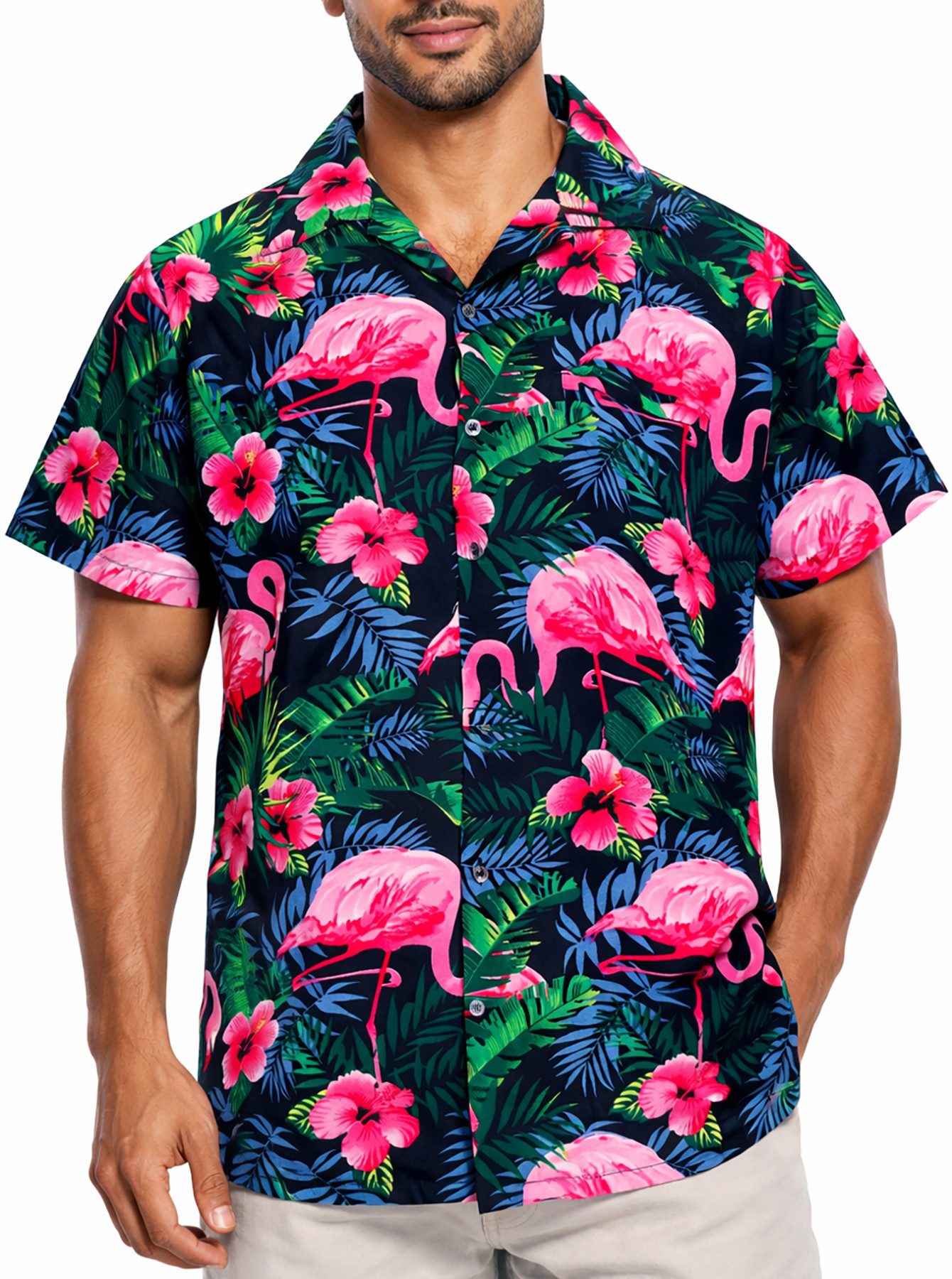 King Kameha Hawaiihemd "Flamingo Flowers" Funky Hawaii-Hemd Herren Kurzarm Front-Tasche