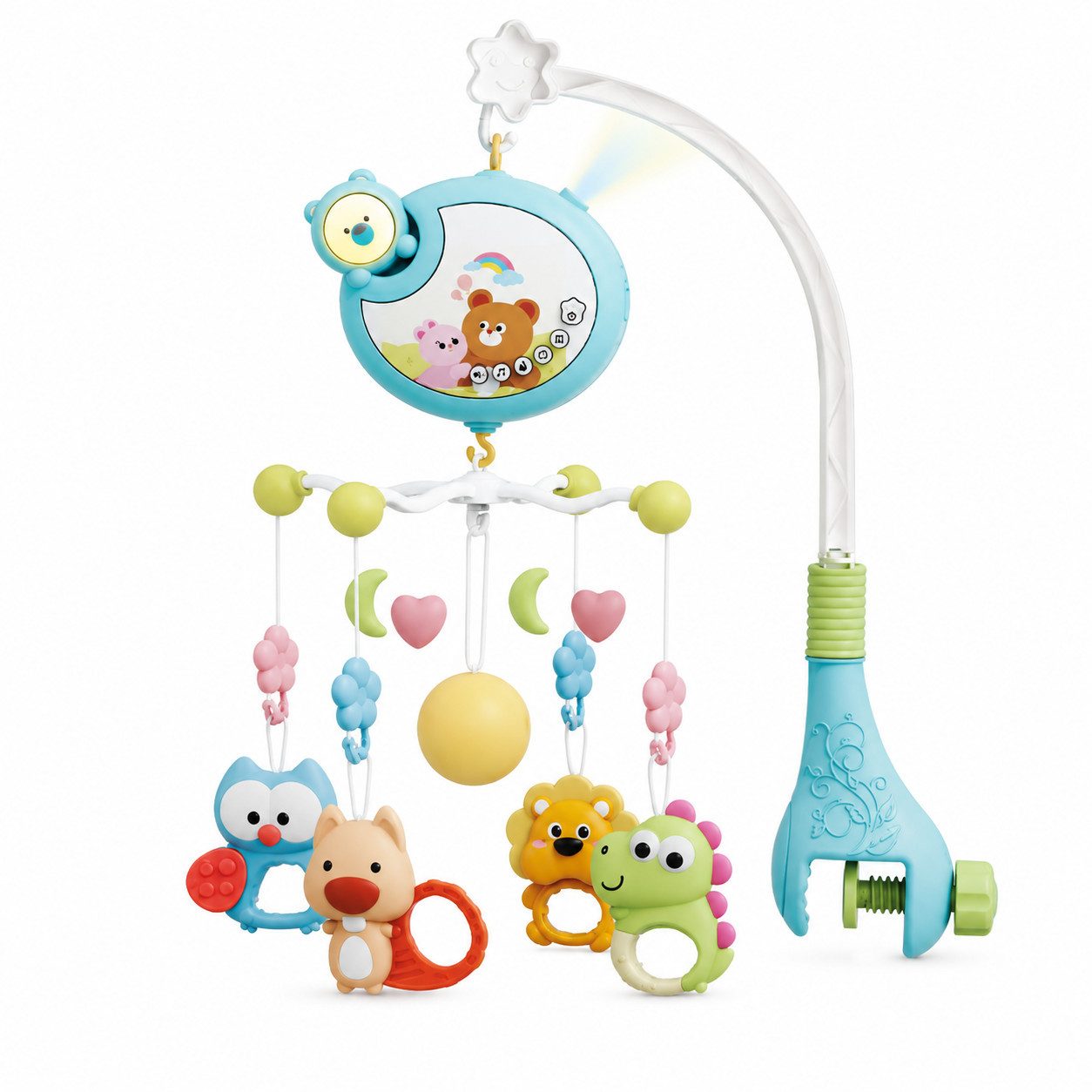 Luckice Mobile 3in1 Traumbärchen Mobile,mit Musik und Sternenprojektor, (drehbares Musikmobile mit Tieranhängern und Schraubklemme, Blau)