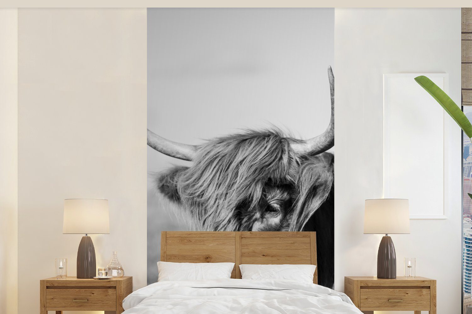 MuchoWow Fototapete Schottischer Highlander - Tiere - Schwarz - Weiß, Matt, bedruckt, (2 St), Vliestapete für Wohnzimmer Schlafzimmer Küche, Fototapete