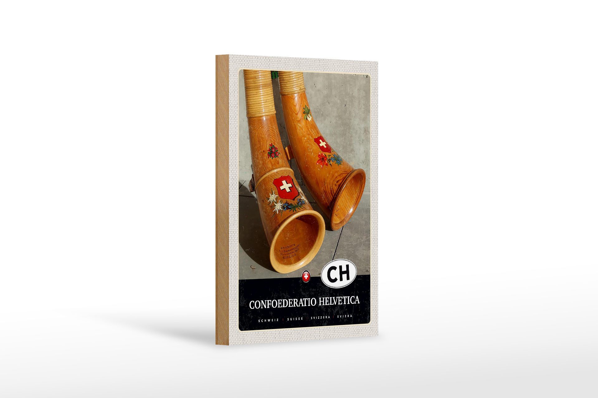 Holzbild Reise 12x18 cm Confoederatio Helvetica Alphorn Urlaub