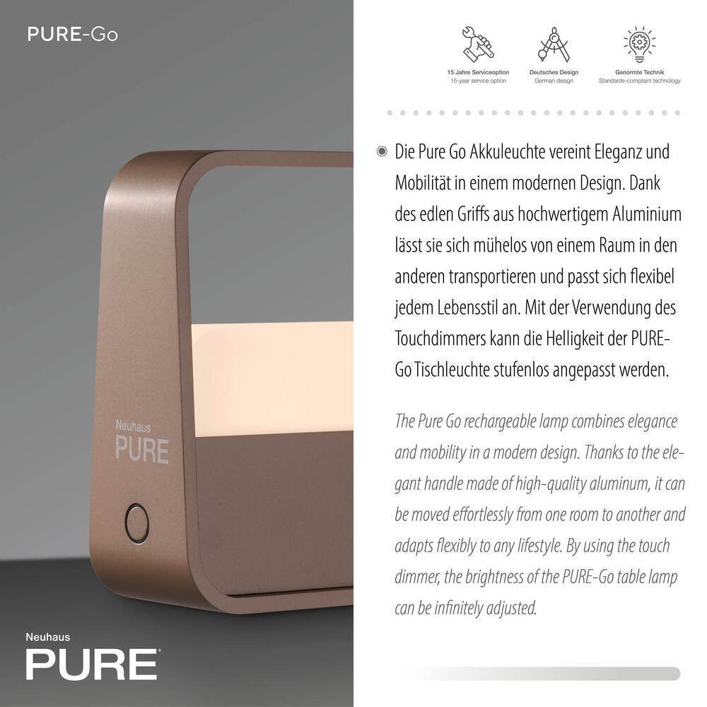 Paul Neuhaus LED Tischleuchte LED Tischlampe PURE Go, Touchdimmer, Memoryfunktion, 1xLED-Board/3W/2700K, warmweiß, Akkubetrieben USB flexibel platzierbar Touchdimmer