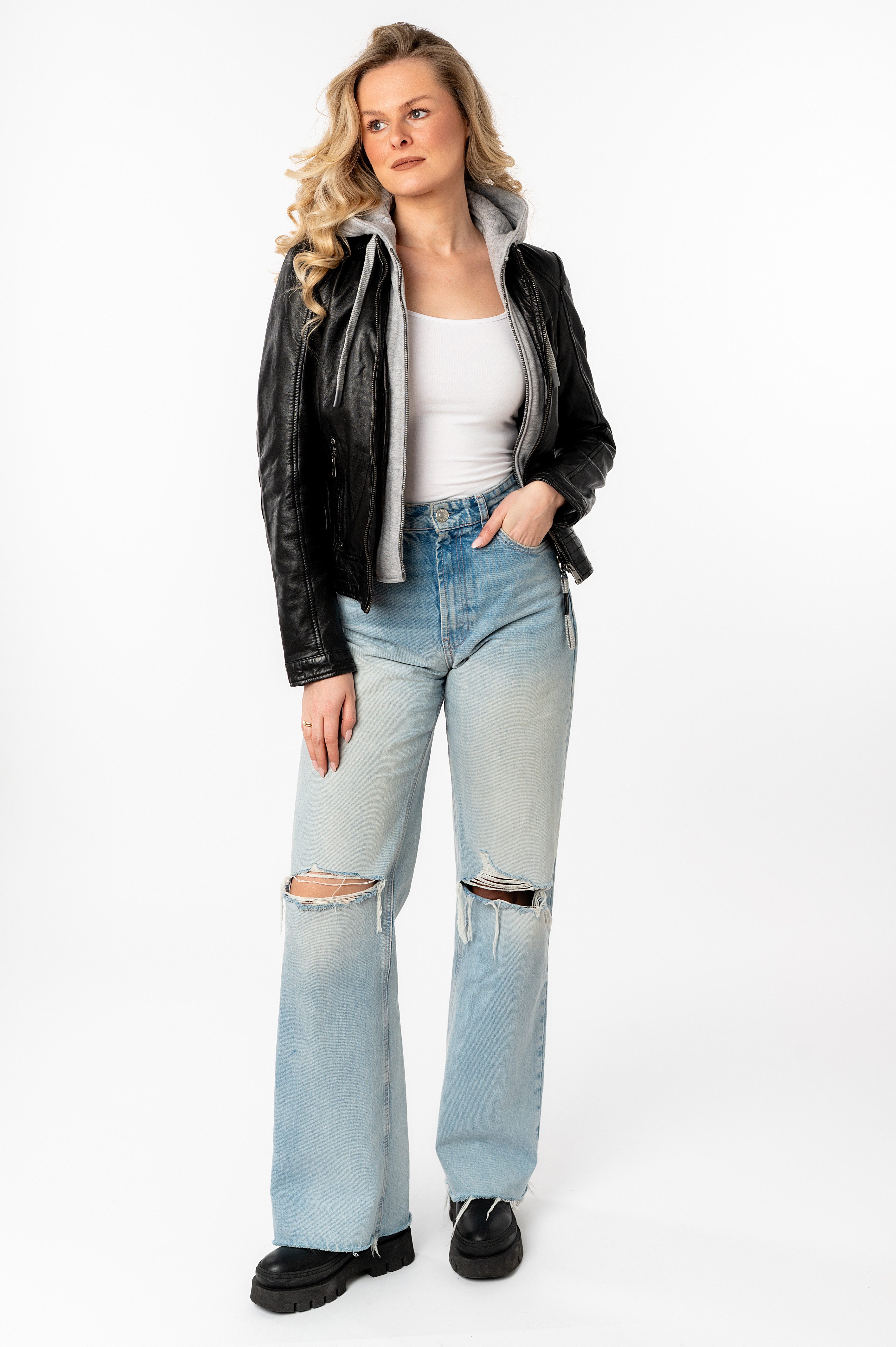 Mauritius Lederjacke MWAleni mit Jerseykapuze und Stehkragen – Bild 5 von 5